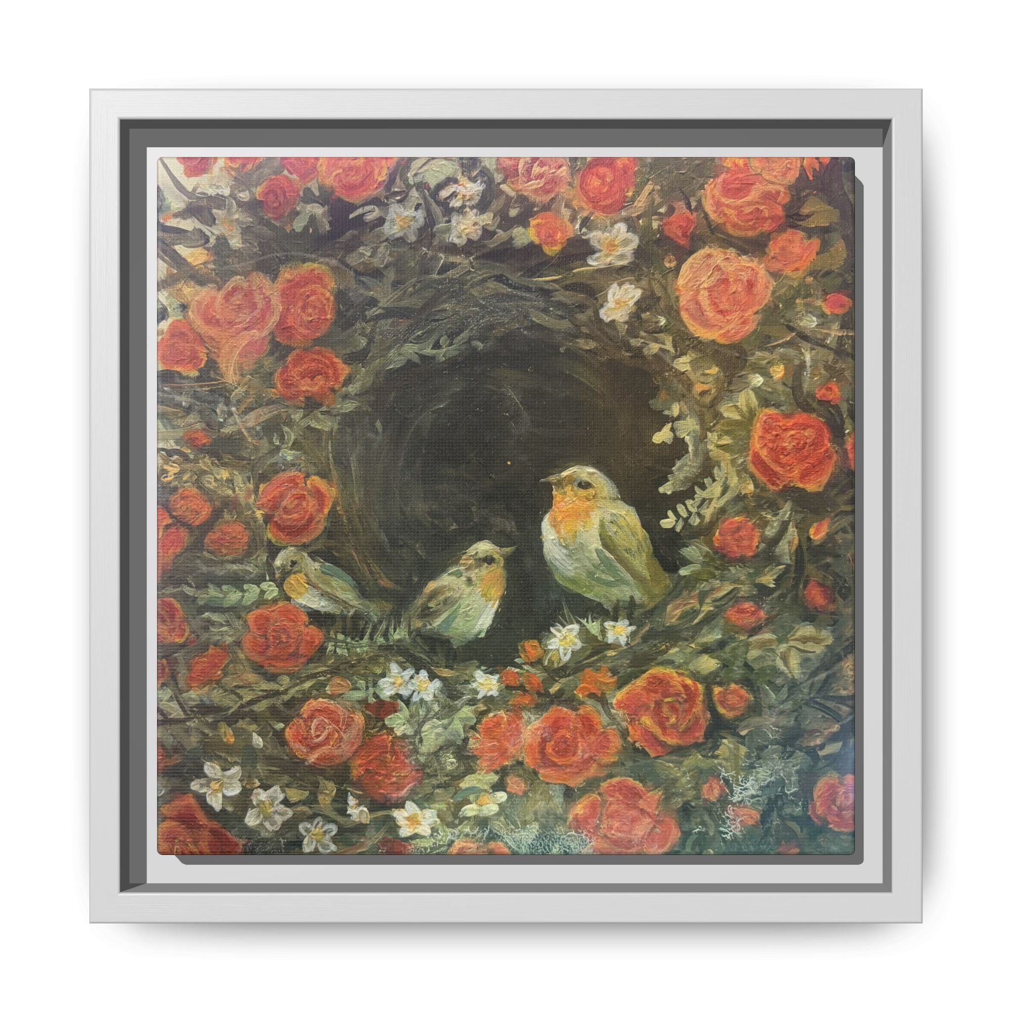 Framed Canvas Art - 'Nest of Roses' Botanical Bird Print