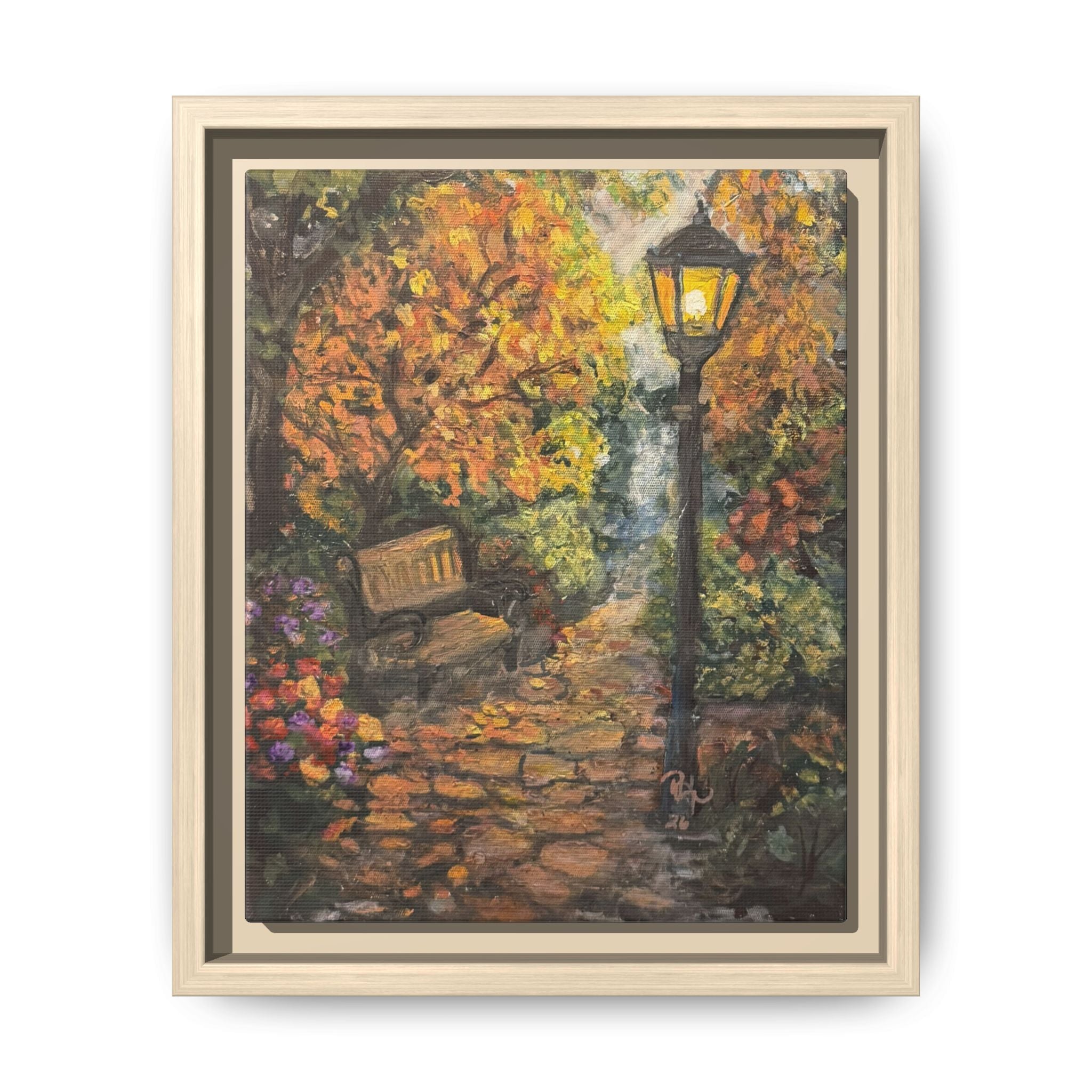 Framed Matte Canvas Art — Autumn Park Bench with Lamp Post (Cozy Fall Wall Decor)