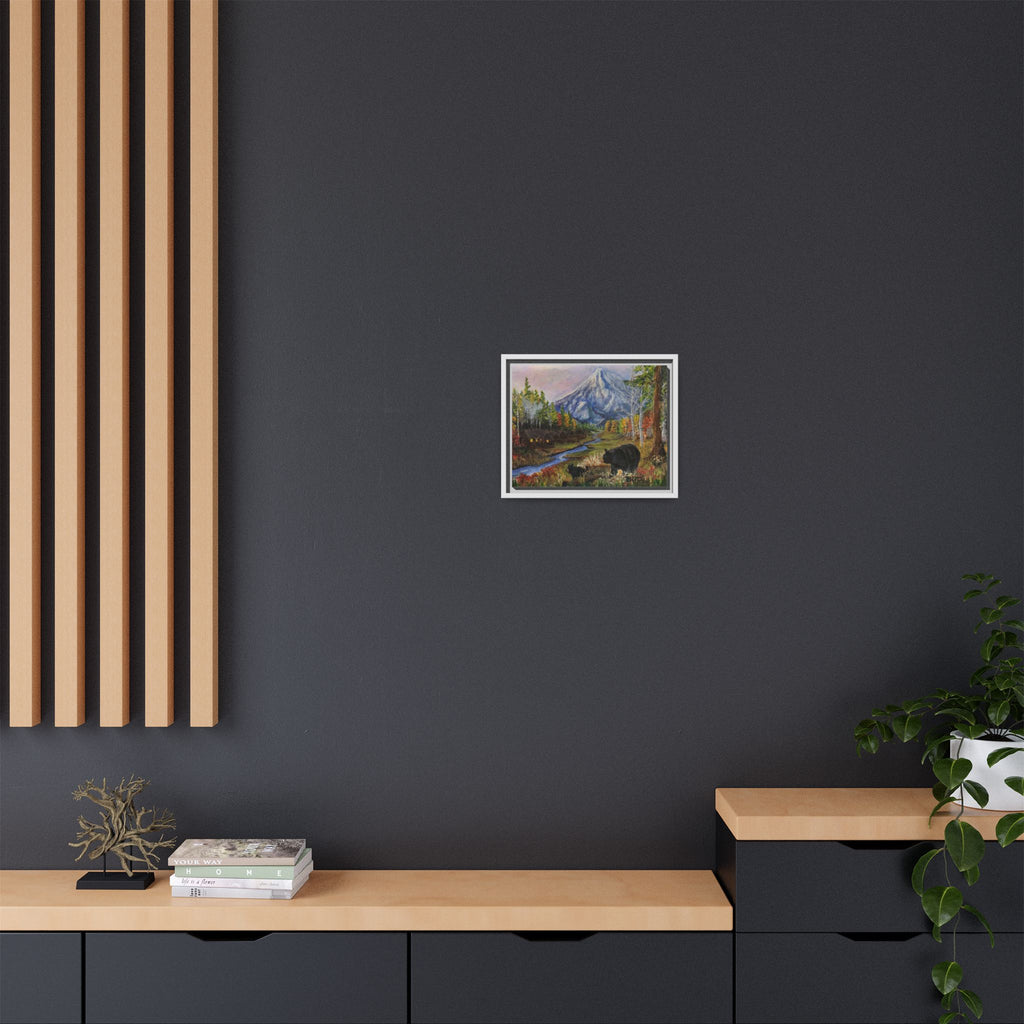 Framed Matte Canvas - Three Bear Stroll  - Mountain Stream with Bears Landscape Wall Art