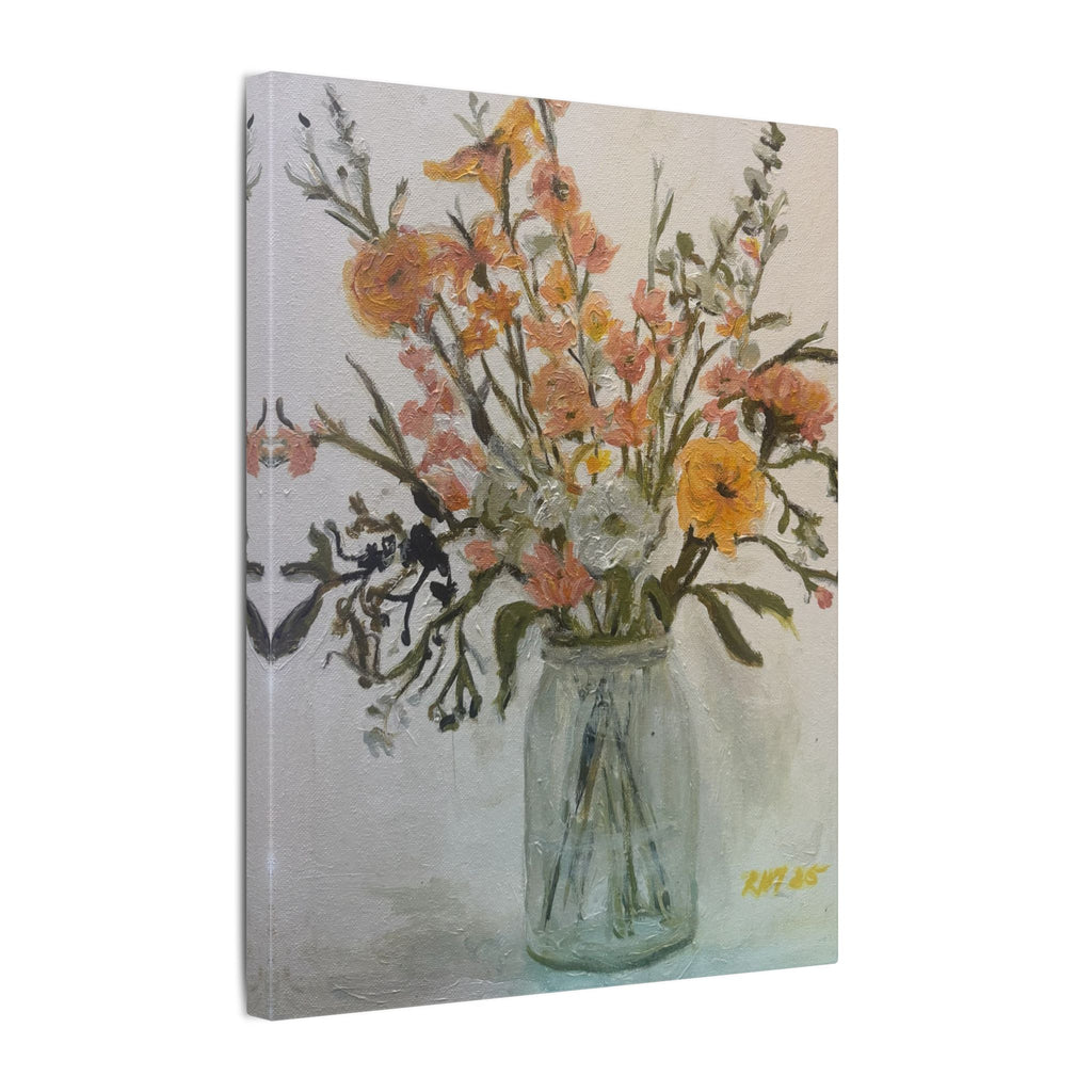 Flowers in Glass Jar Matte Canvas Print of Original— Rustic Cottage Wall Art