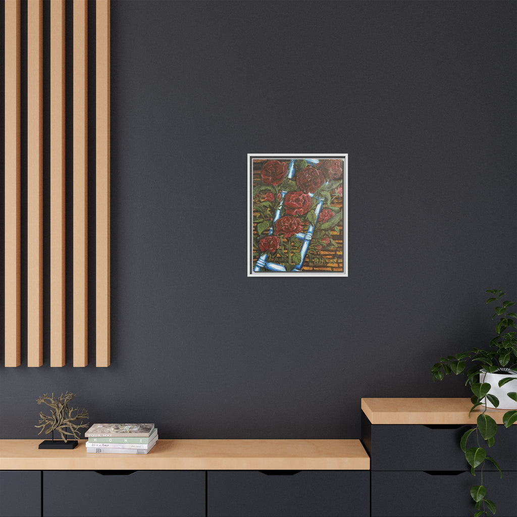 Framed Matte Canvas Art Print of Original Climbing Roses — Red Roses & Blue Ladder Floral Painting