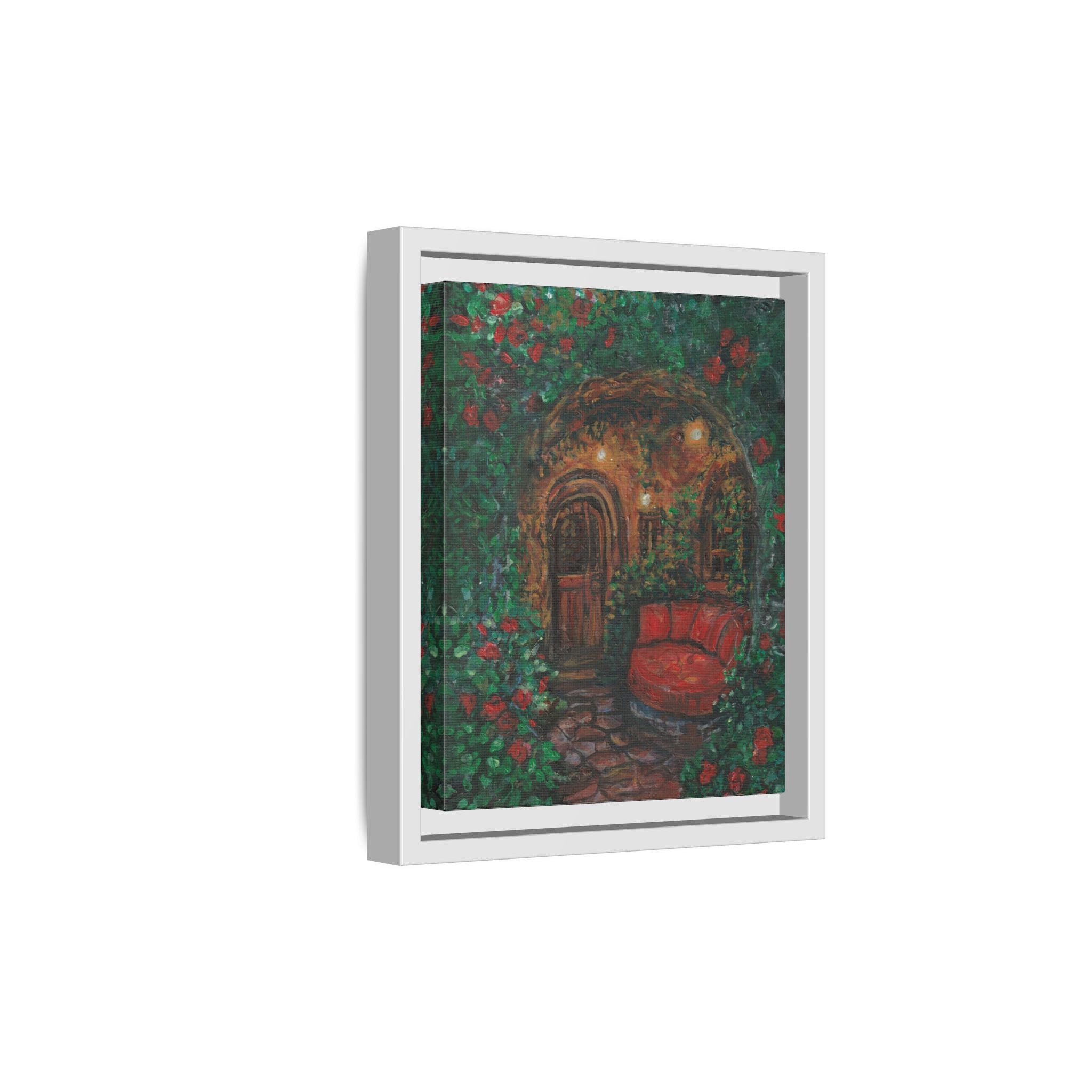 Framed Matte Canvas Art – Cozy Garden Doorway with Red Chair Print of Original Hidden Doorway