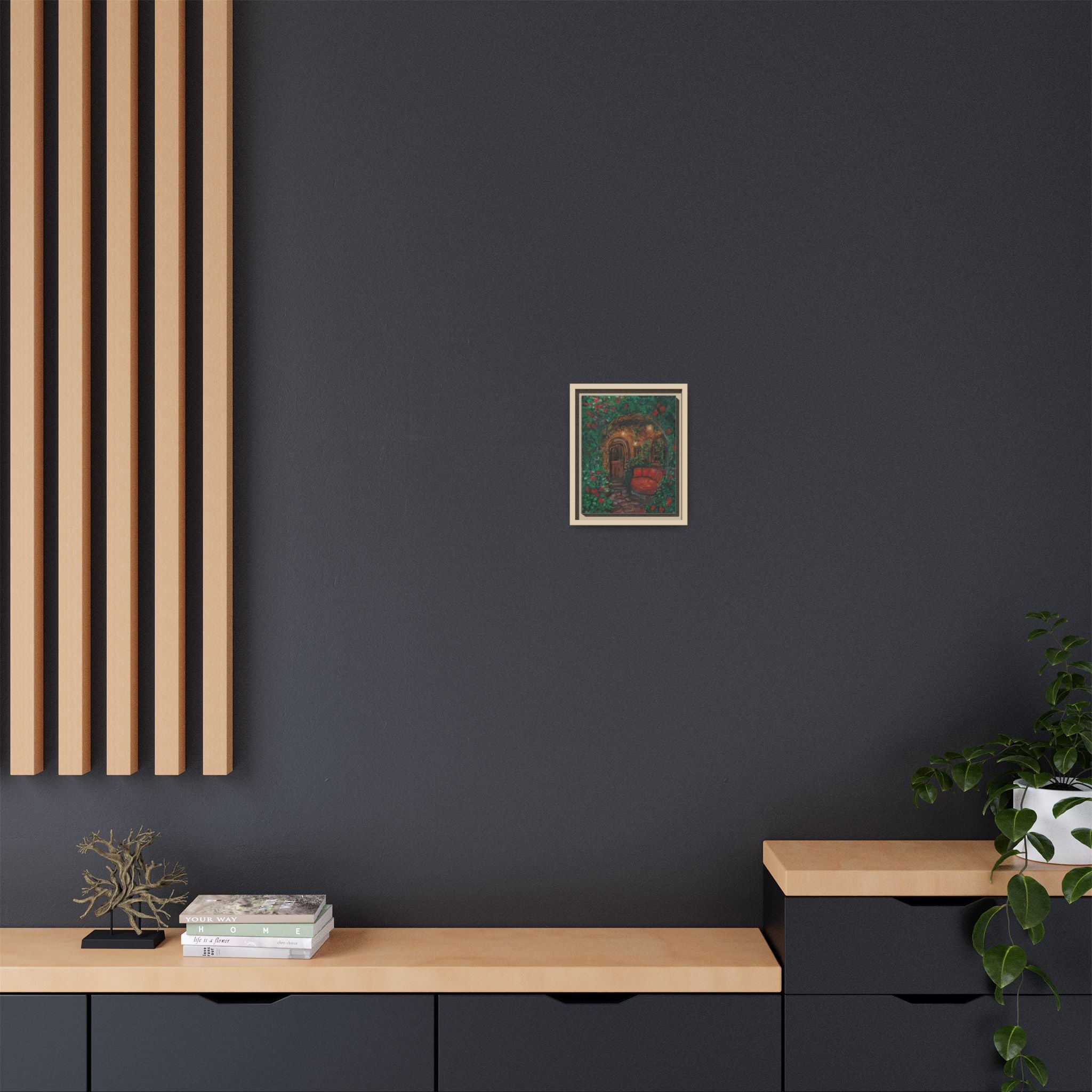 Framed Matte Canvas Art – Cozy Garden Doorway with Red Chair Print of Original Hidden Doorway