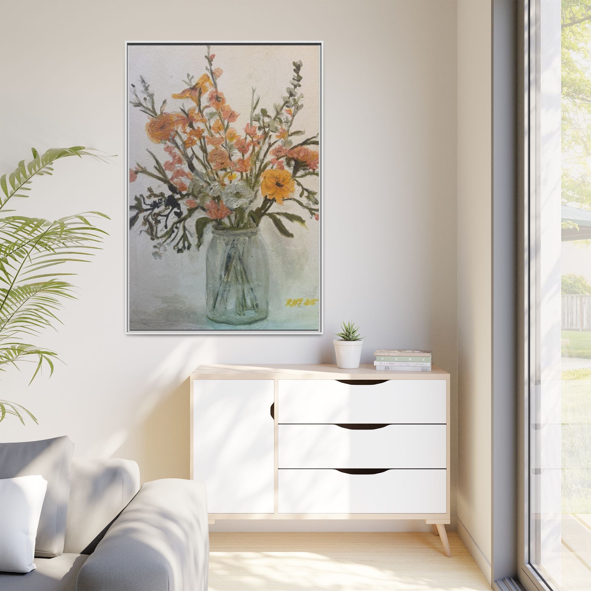 Framed Matte Canvas Art - Flower in Glass Jar Floral Painting Print of Original