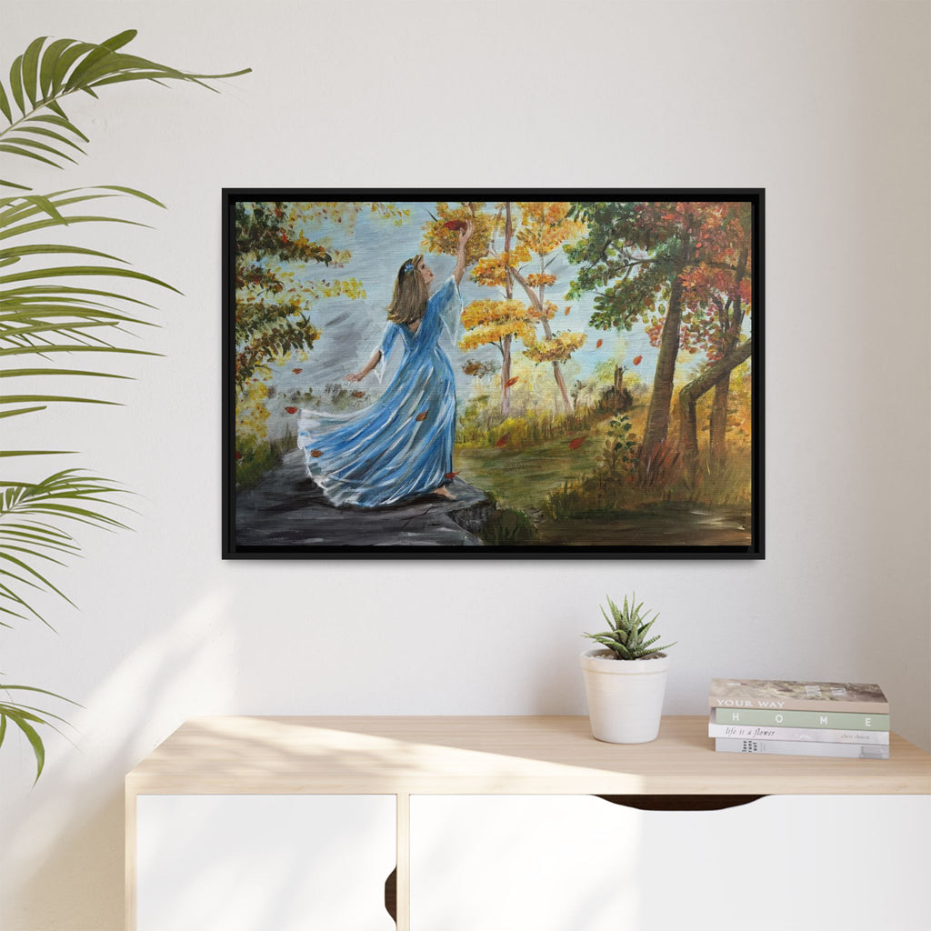 Autumn Breeze Canvas Print — Woman in Blue Dress Framed Wall Art