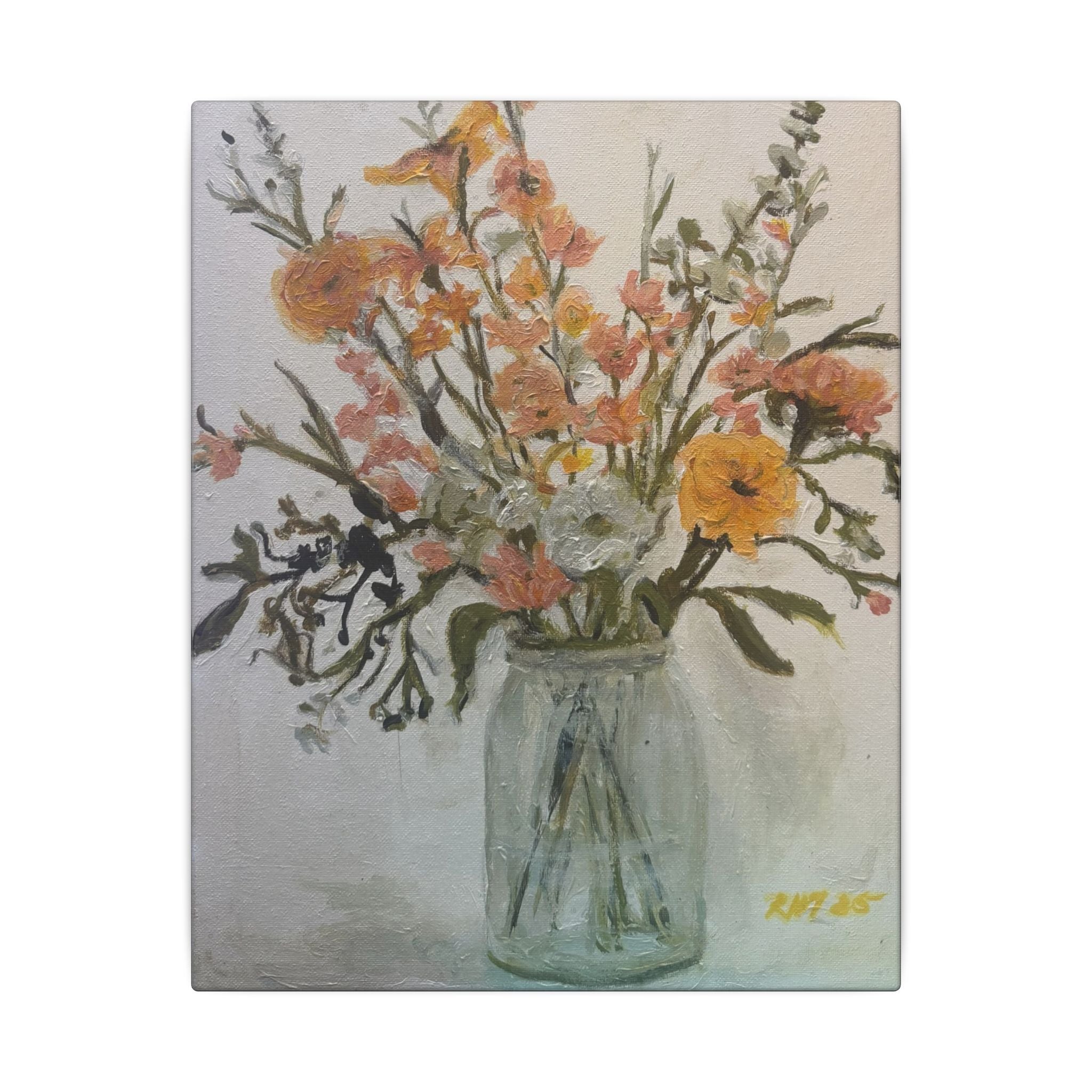 Flowers in Glass Jar Matte Canvas Print of Original— Rustic Cottage Wall Art
