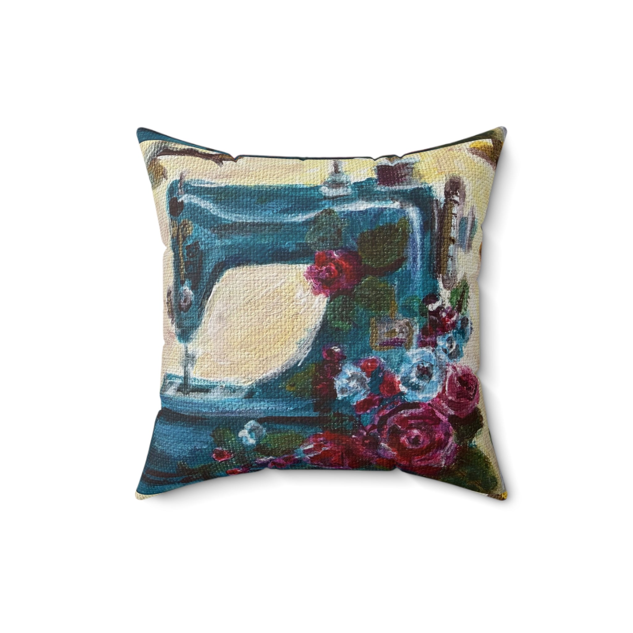 Vintage Sewing Machine Decorative Throw Pillow — Floral Cottage Accent