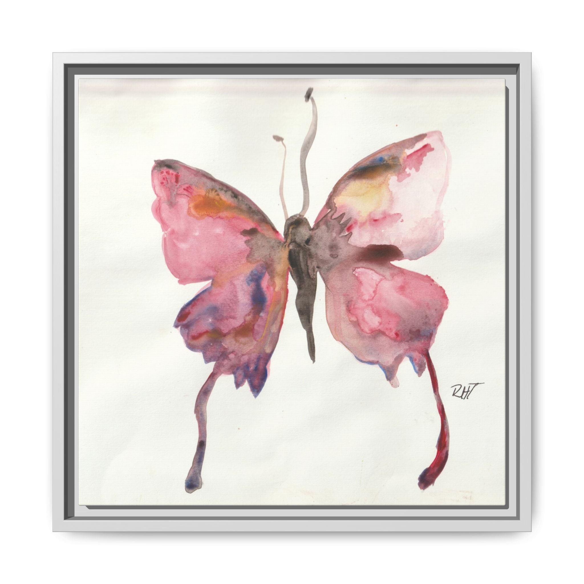Framed Watercolor Float Like a Butterfly Canvas Print of Original— Pink Floral Wall Art