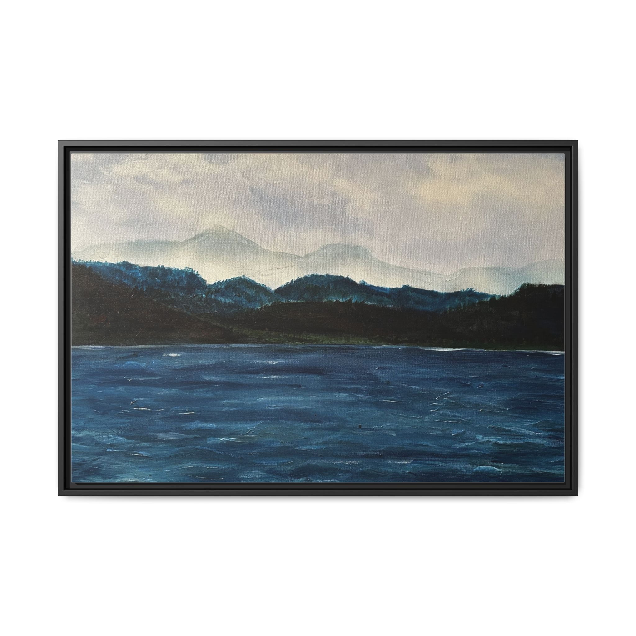 Framed Canvas Print of Original Misty Mountain – Moody Blue Wall Art