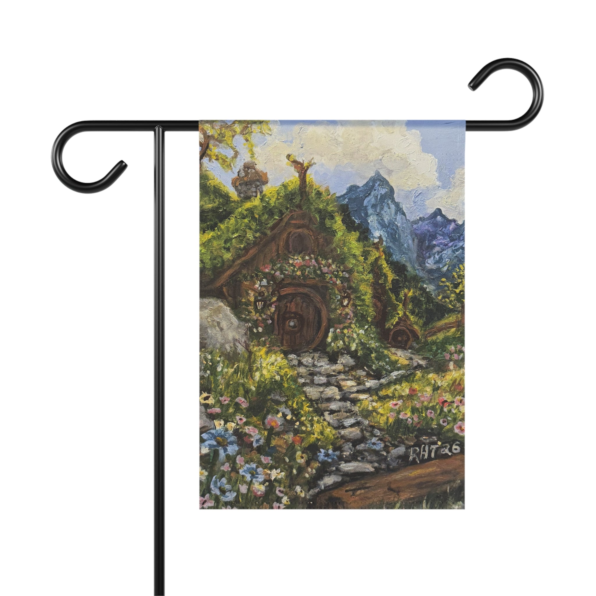 Hobbit Cottage Garden Flag — Whimsical Fairy Tale Yard Banner