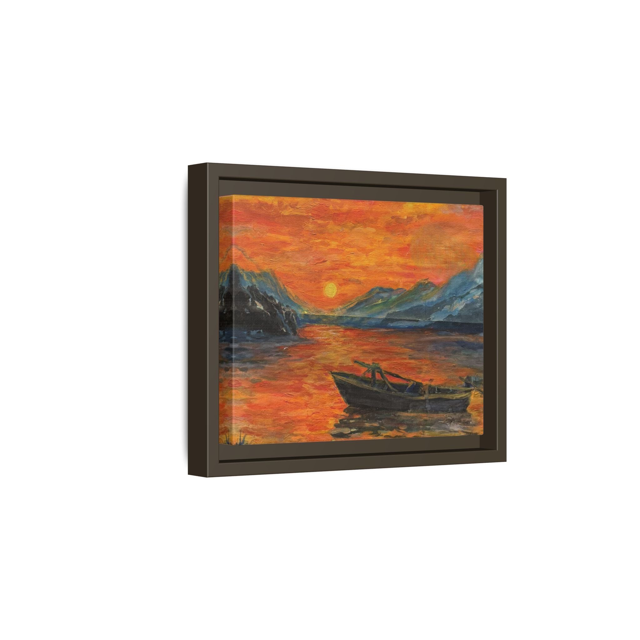 Boat on Sunset Lake Framed Canvas Print of Original — Orange Mountain Lake Wall Art
