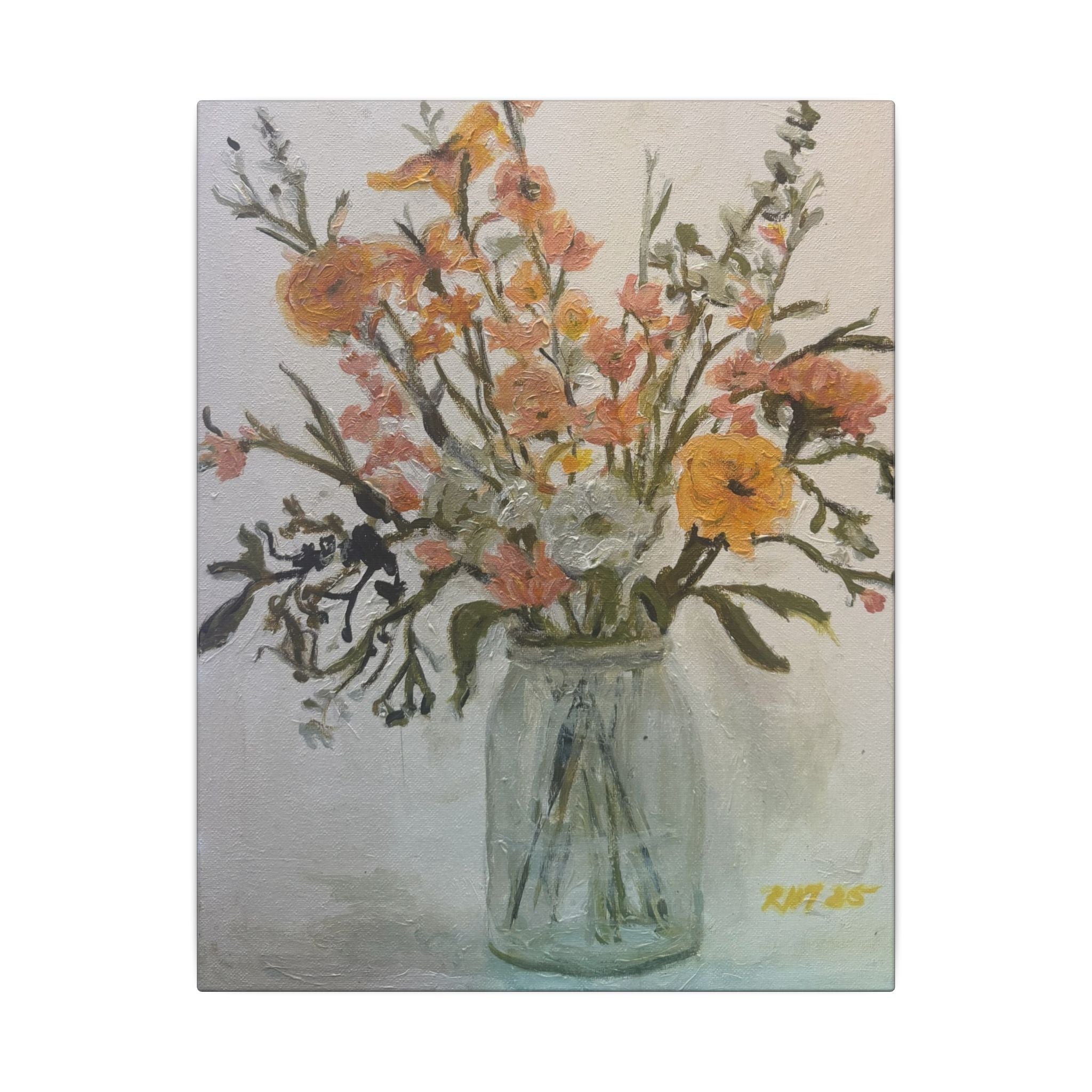 Flowers in Glass Jar Matte Canvas Print of Original— Rustic Cottage Wall Art