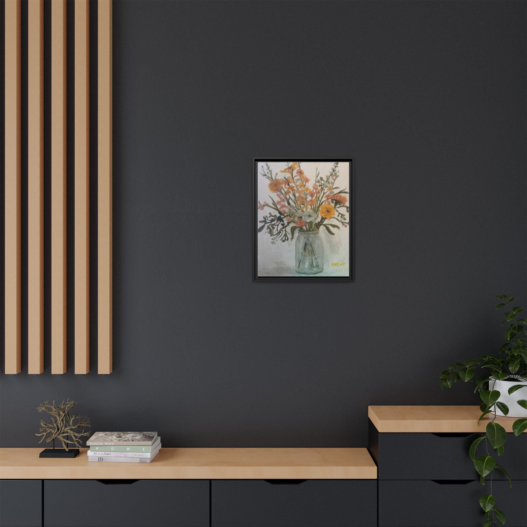 Framed Matte Canvas Art - Flower in Glass Jar Floral Painting Print of Original