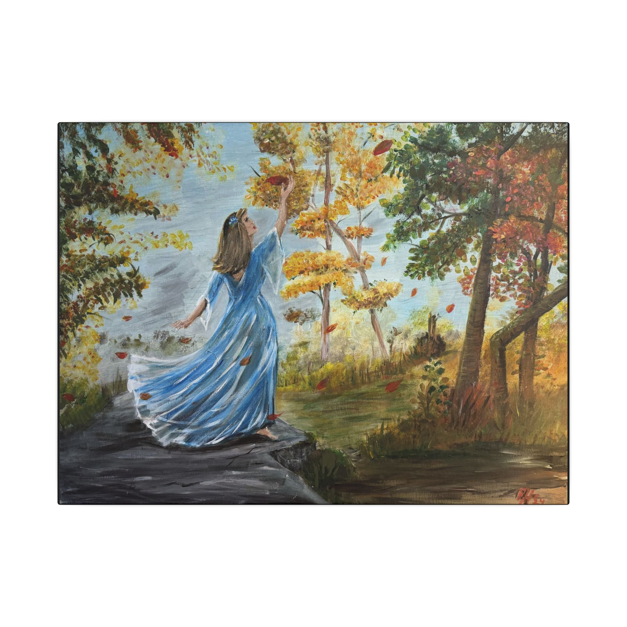 Autumn Breeze Matte Canvas Art Print – Woman in Blue Dress Fall Landscape
