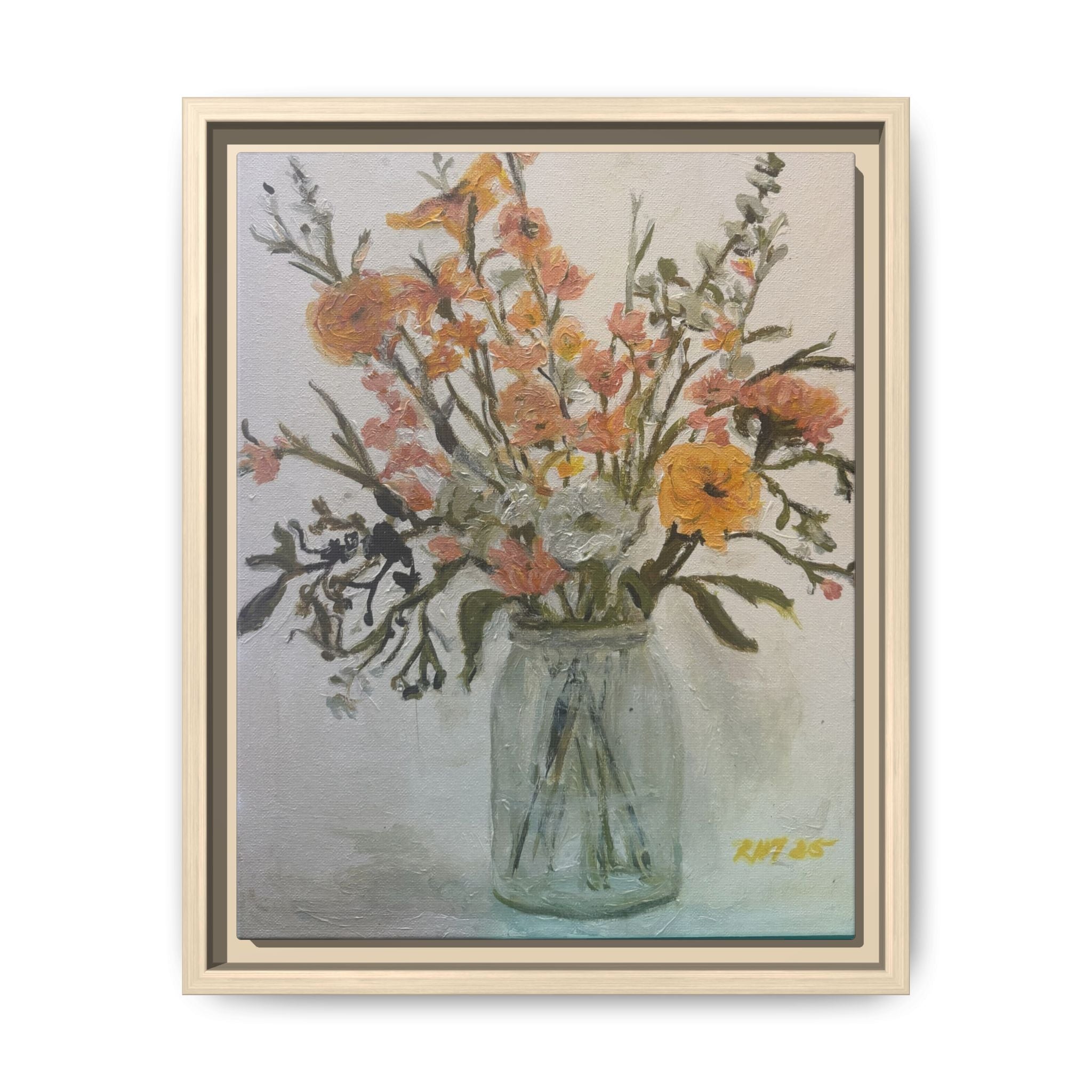 Framed Matte Canvas Art - Flower in Glass Jar Floral Painting Print of Original