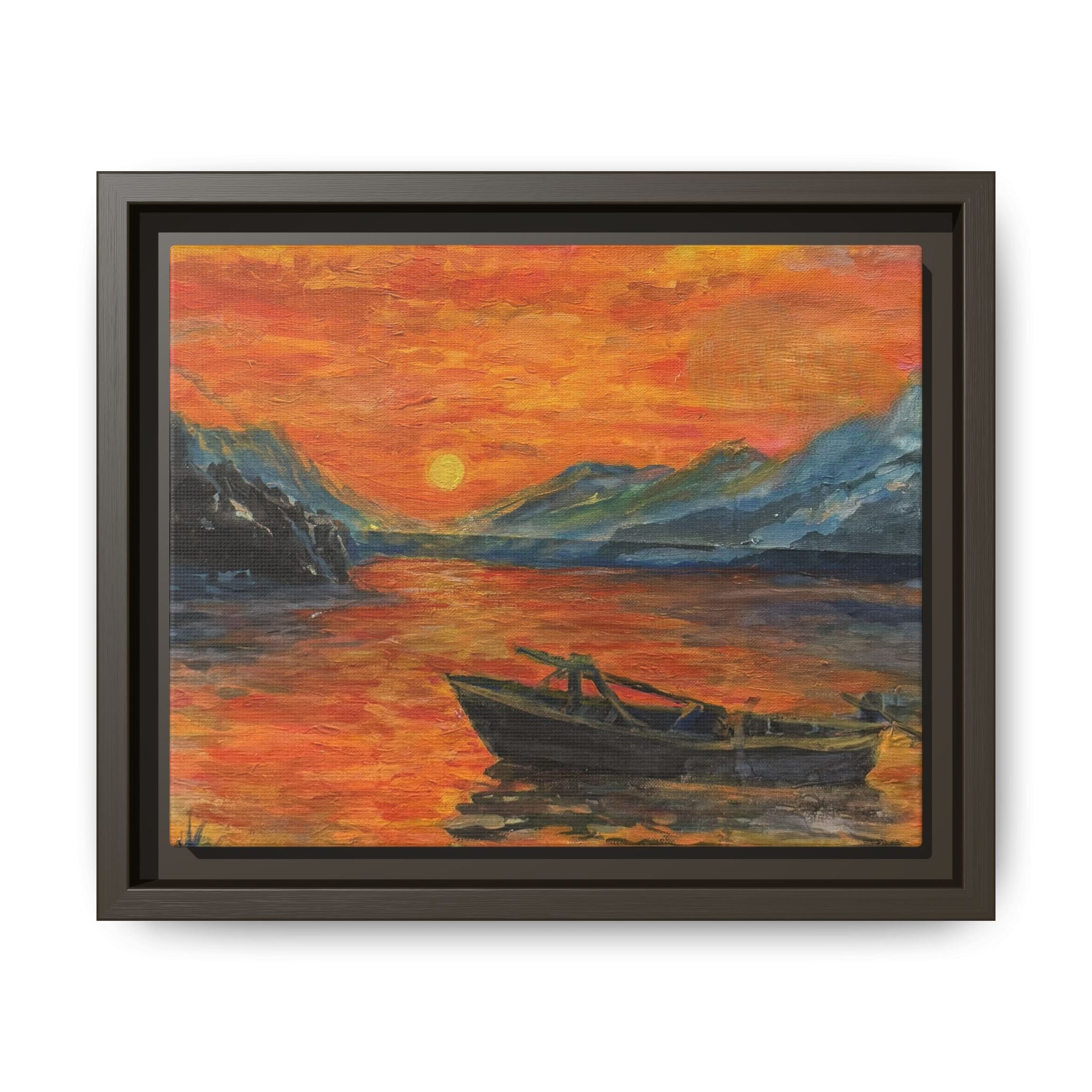 Boat on Sunset Lake Framed Canvas Print of Original — Orange Mountain Lake Wall Art