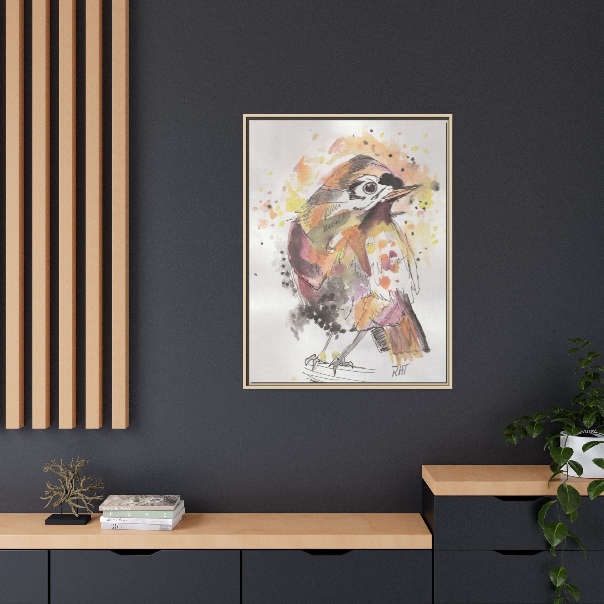 Carolina Wren Watercolor Songbird Framed Art Print of Original — Matte Canvas Wall Decor