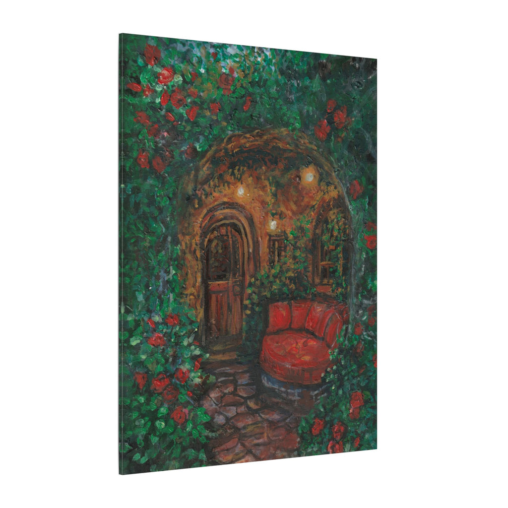 Hidden Entrance Canvas Art - Cozy Red Chair Doorway Painting Print of Original