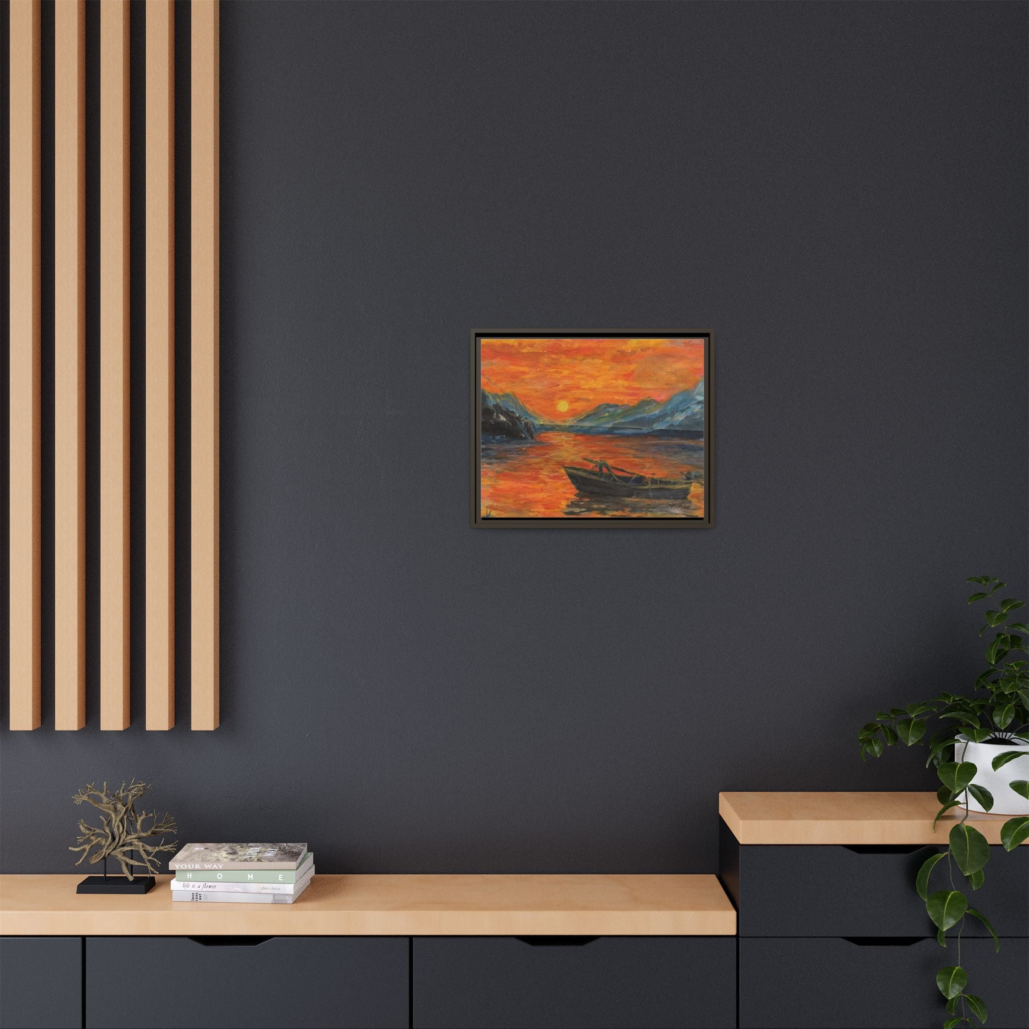 Boat on Sunset Lake Framed Canvas Print of Original — Orange Mountain Lake Wall Art