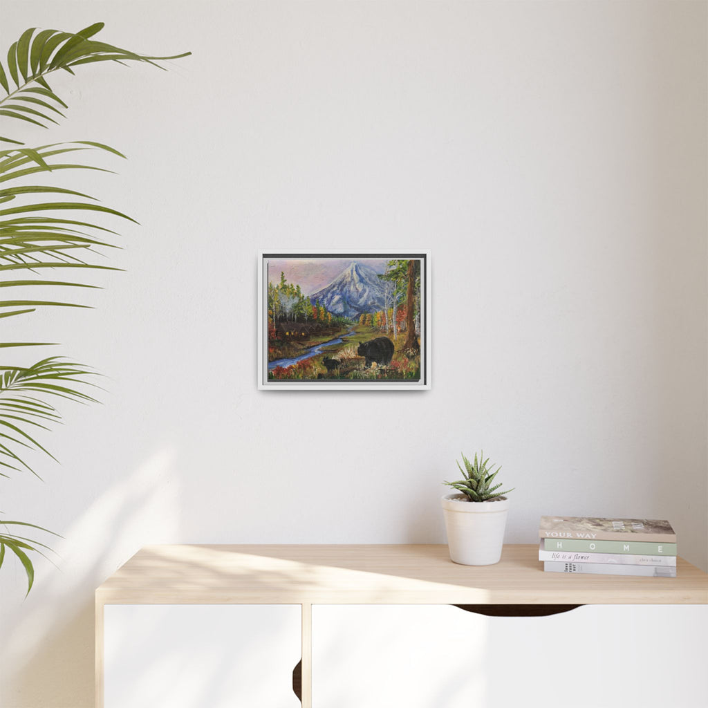Framed Matte Canvas - Three Bear Stroll  - Mountain Stream with Bears Landscape Wall Art