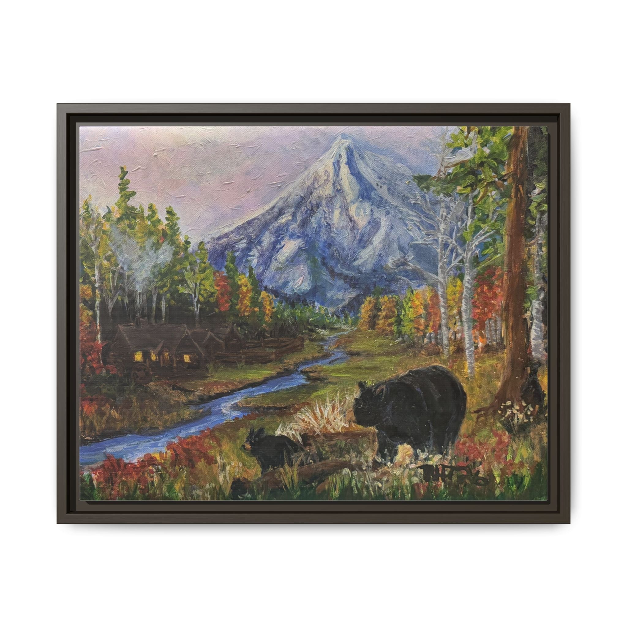 Framed Matte Canvas - Three Bear Stroll  - Mountain Stream with Bears Landscape Wall Art