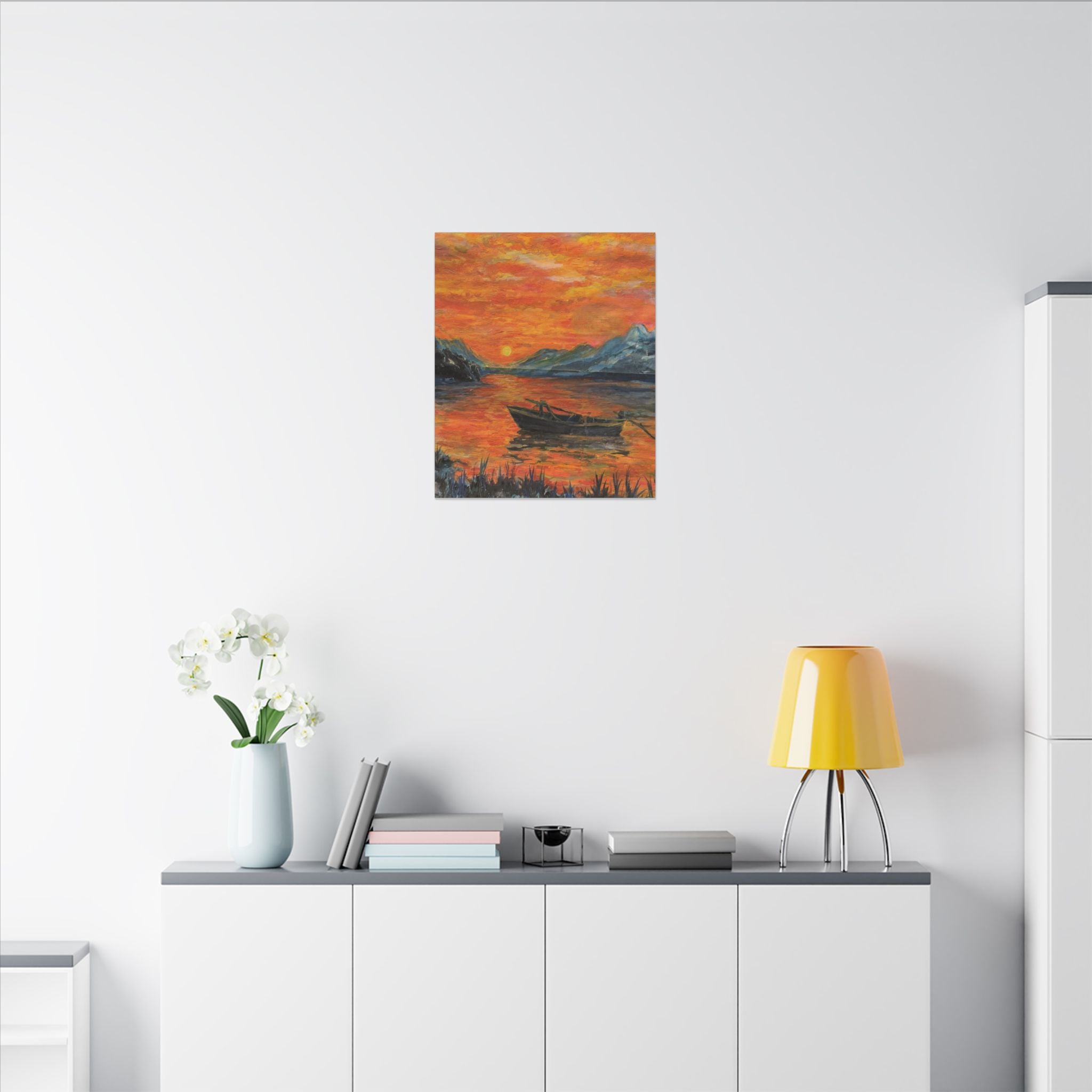 Boat on Sunset Lake Canvas Wall Art Print of Original— Orange Seascape Landscape Print