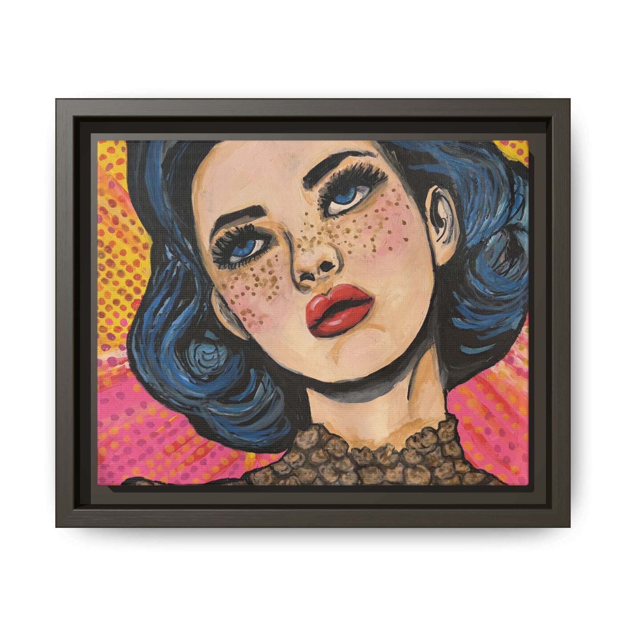 Pop Art Portrait Matte Canvas Print of Original "OMG" (Framed) — Retro Blue-Haired Woman Wall Art
