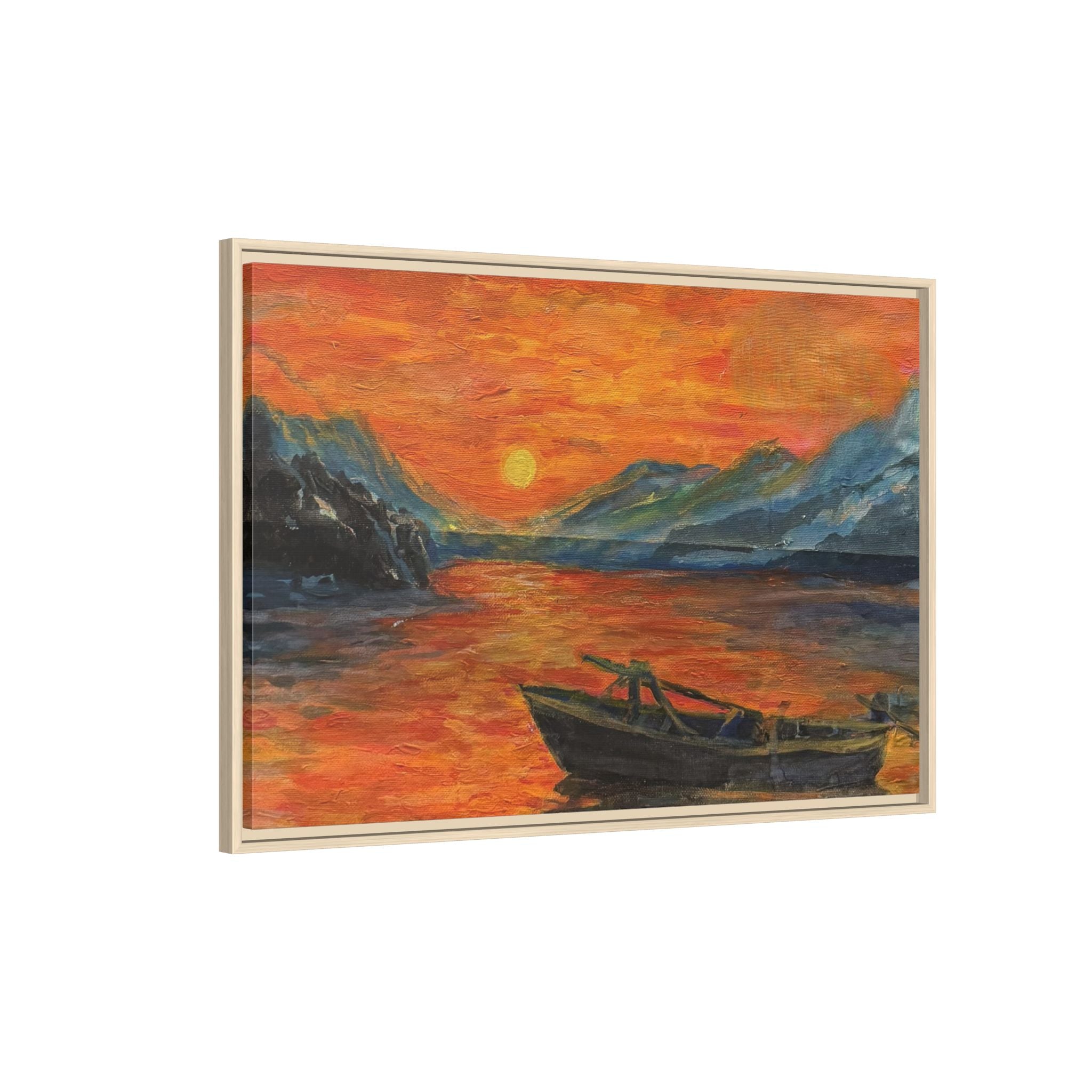 Boat on Sunset Lake Framed Canvas Print of Original — Orange Mountain Lake Wall Art