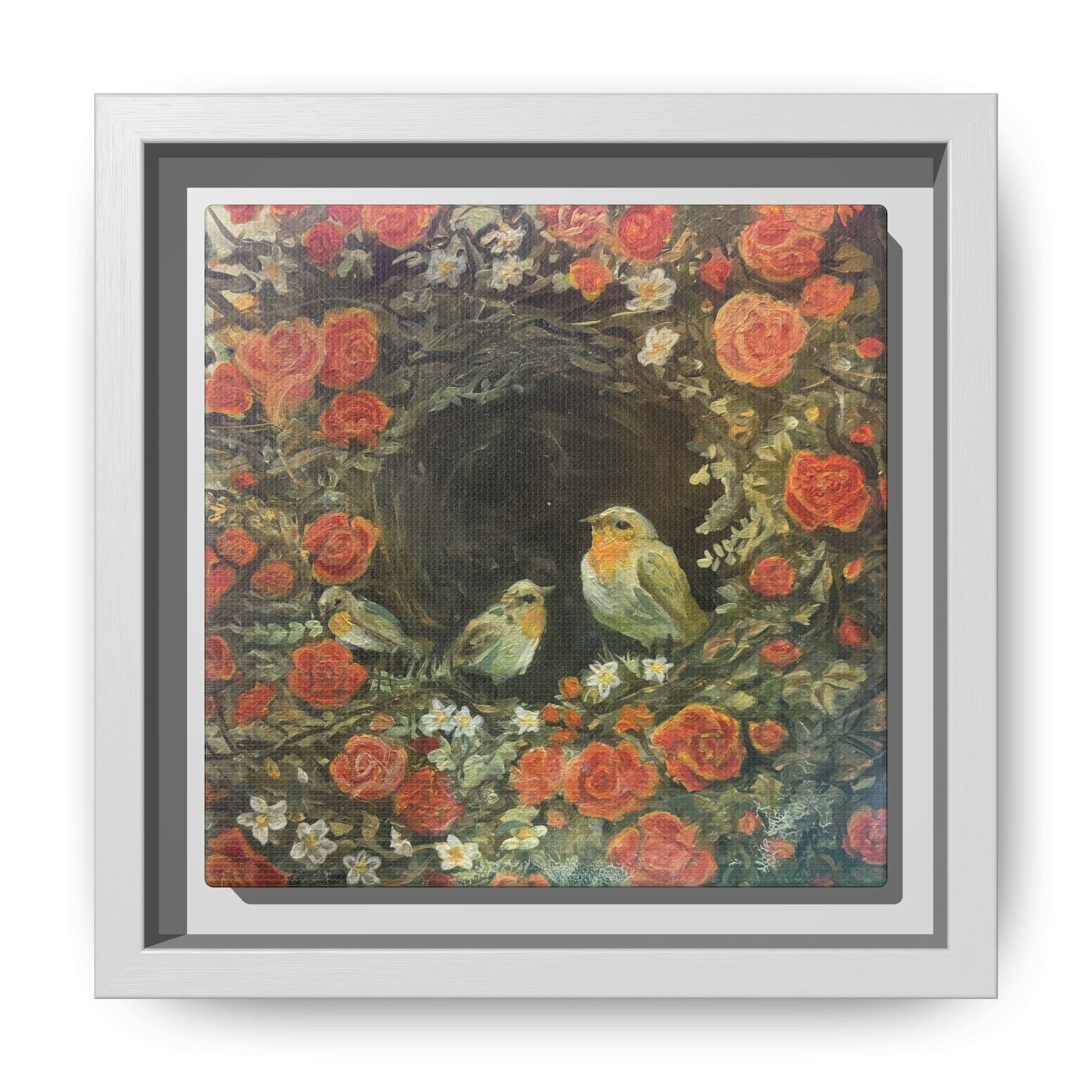 Framed Canvas Art - 'Nest of Roses' Botanical Bird Print