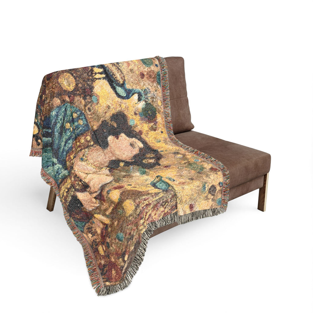 Gustav Klimt-Inspired Tapestry Throw Blanket — Art Nouveau Woman & Peacock Woven Blanket