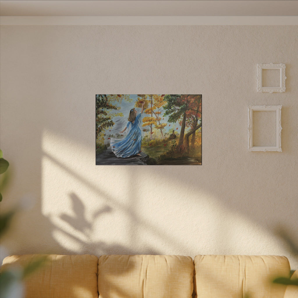Autumn Breeze Matte Canvas Art Print – Woman in Blue Dress Fall Landscape