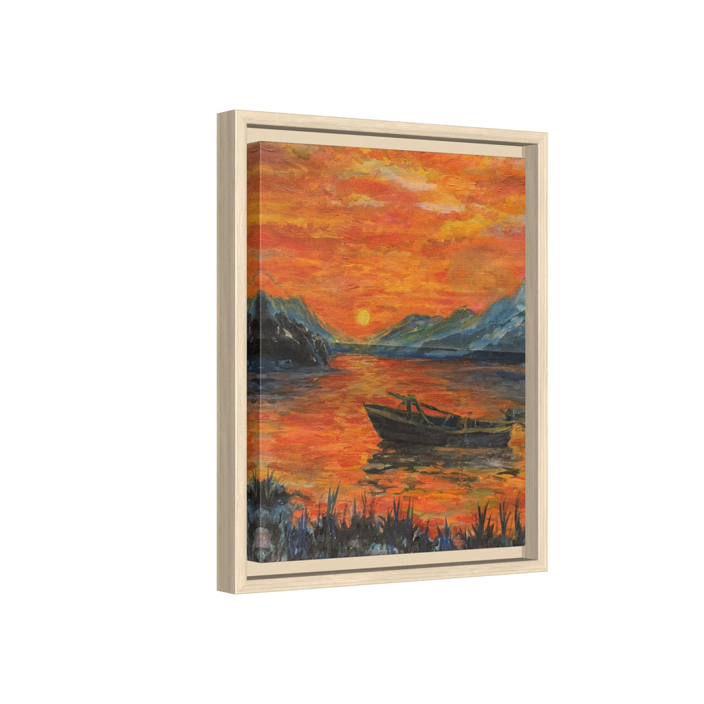 Boat on Sunset Lake Framed Canvas Print of Original — Orange Mountain Lake Wall Art