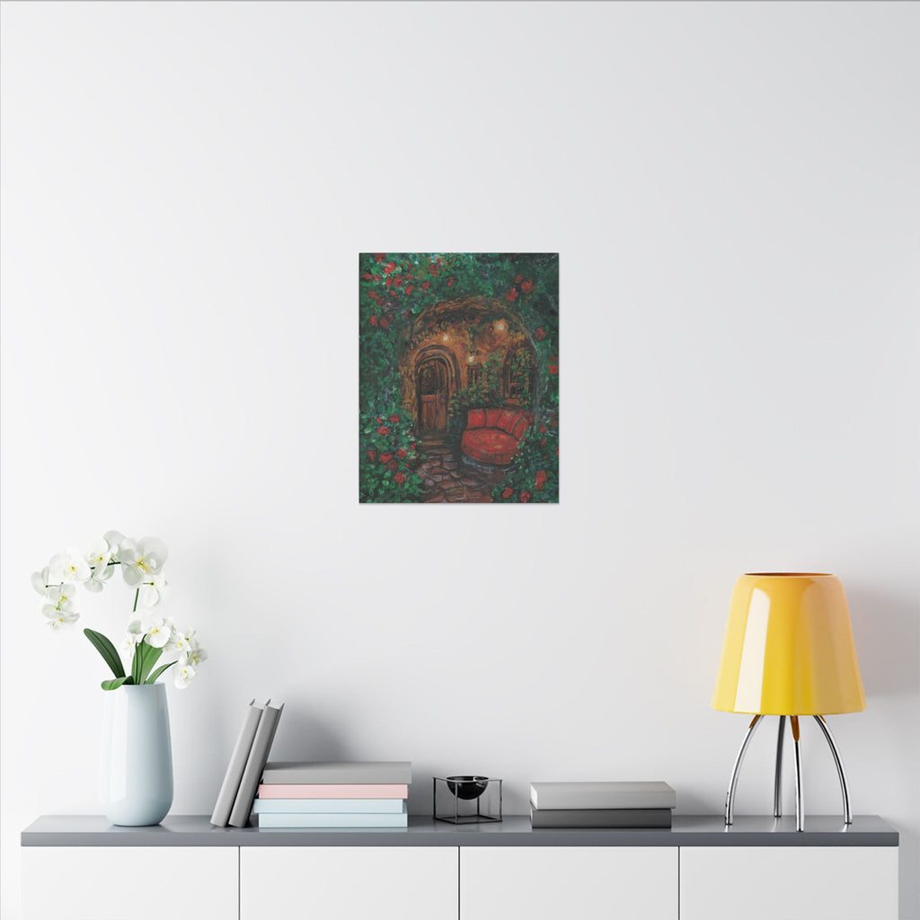 Hidden Entrance Canvas Art - Cozy Red Chair Doorway Painting Print of Original