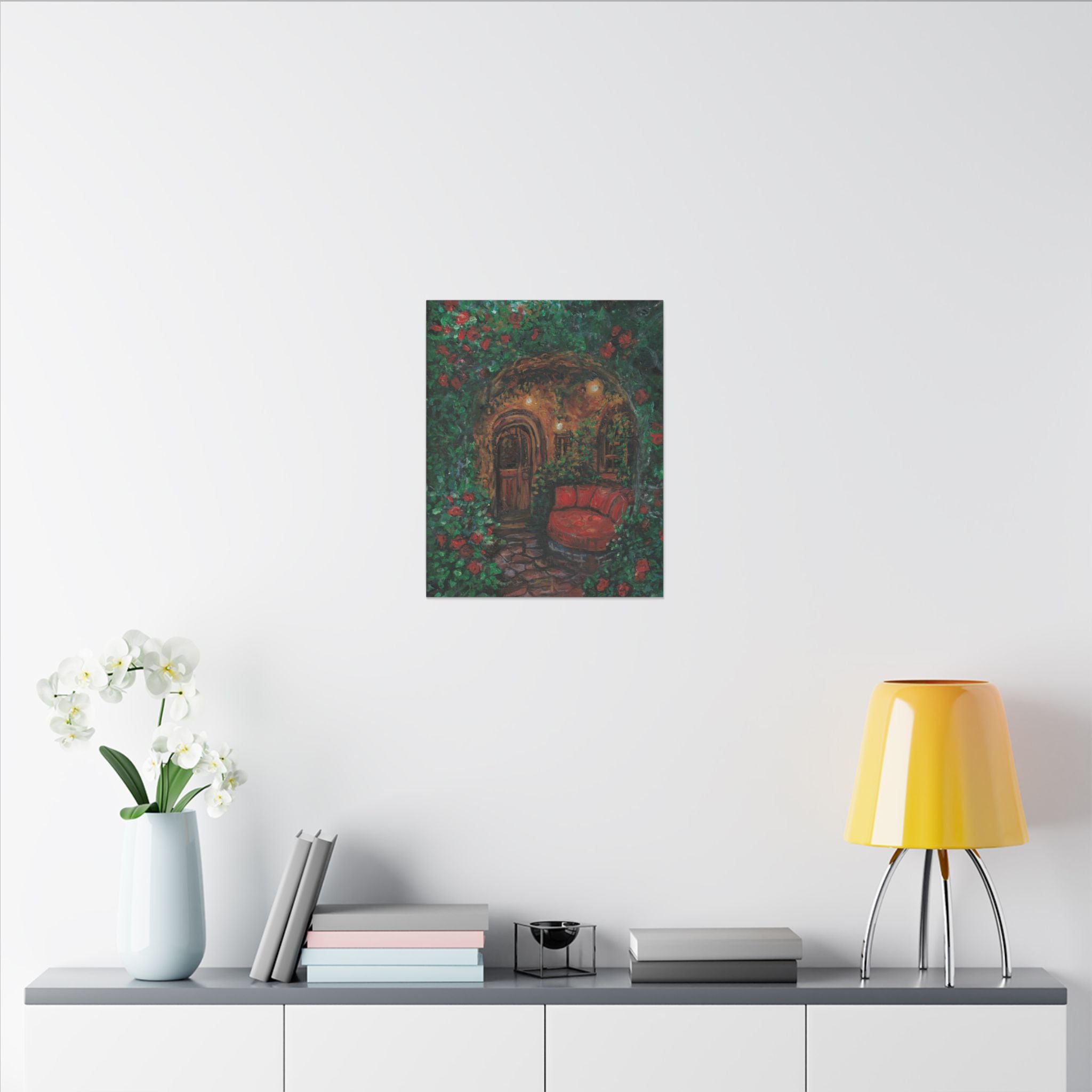 Hidden Entrance Canvas Art - Cozy Red Chair Doorway Painting Print of Original