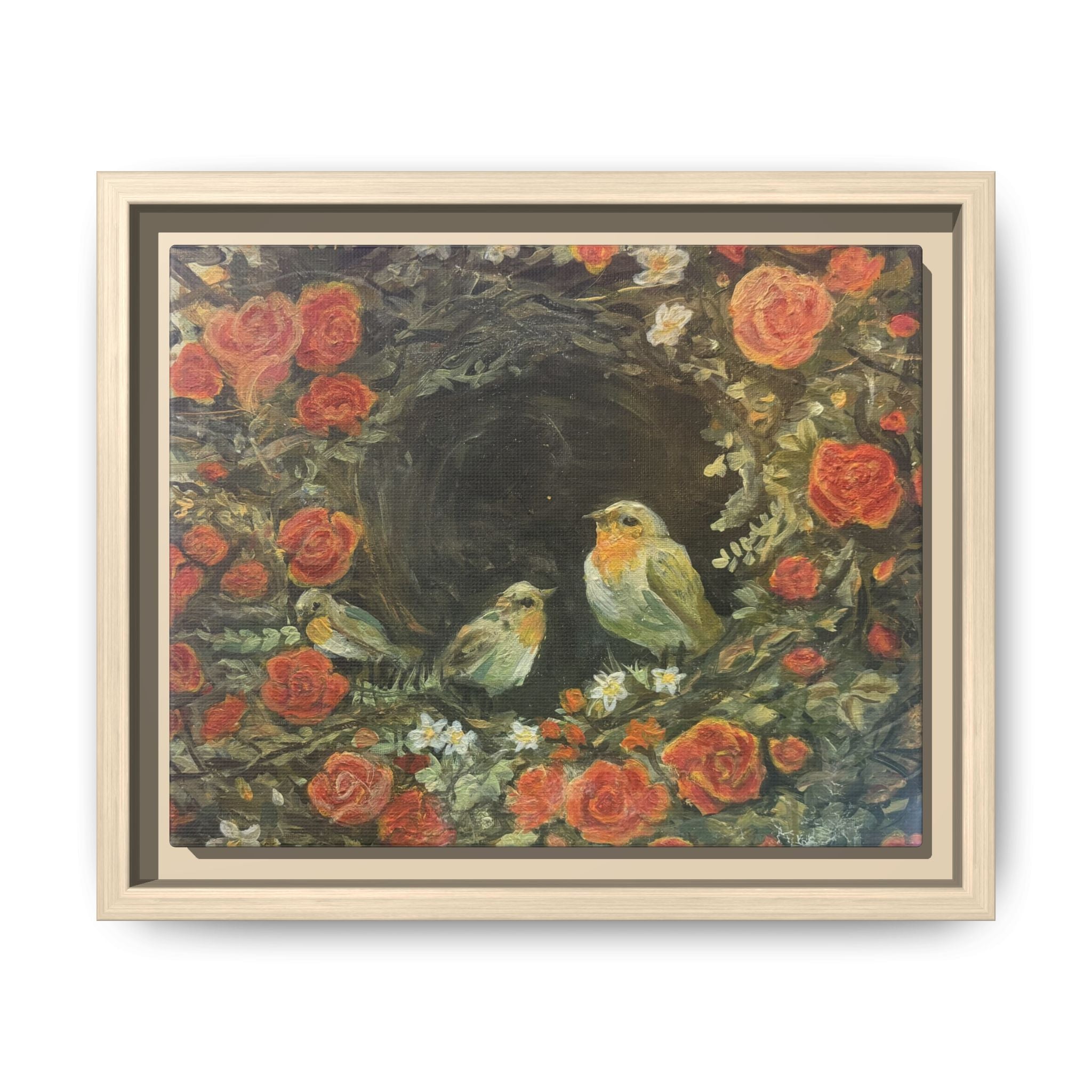 Framed Canvas Art - 'Nest of Roses' Botanical Bird Print