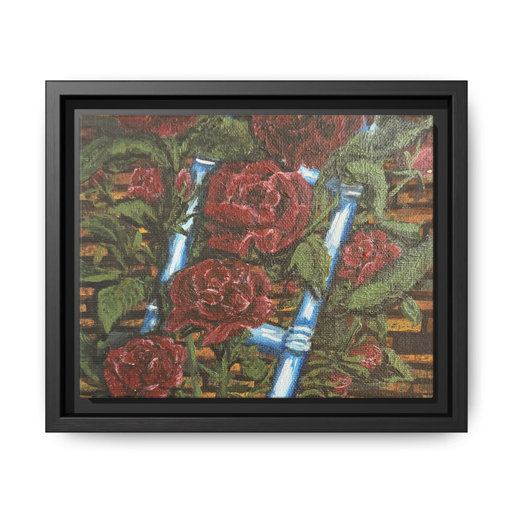 Framed Matte Canvas Art Print of Original Climbing Roses — Red Roses & Blue Ladder Floral Painting