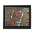 Framed Matte Canvas Art Print of Original Climbing Roses — Red Roses & Blue Ladder Floral Painting