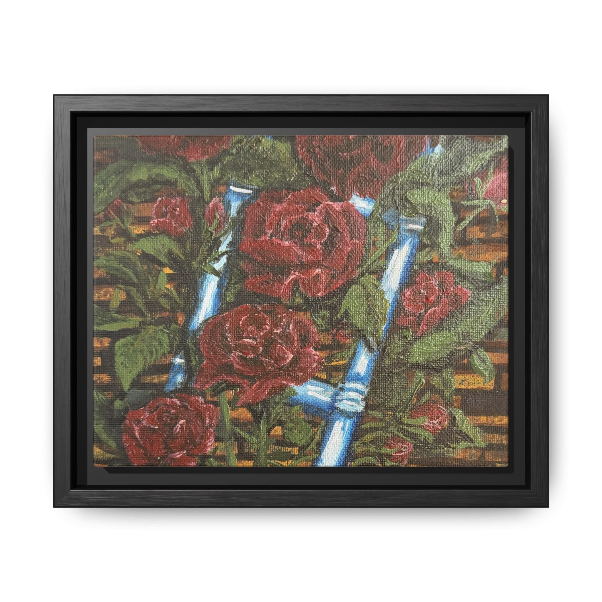 Framed Matte Canvas Art Print of Original Climbing Roses — Red Roses & Blue Ladder Floral Painting