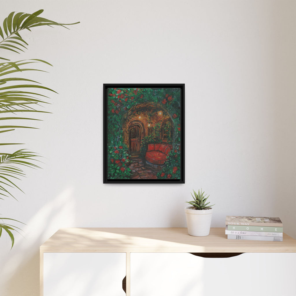 Framed Matte Canvas Art – Cozy Garden Doorway with Red Chair Print of Original Hidden Doorway