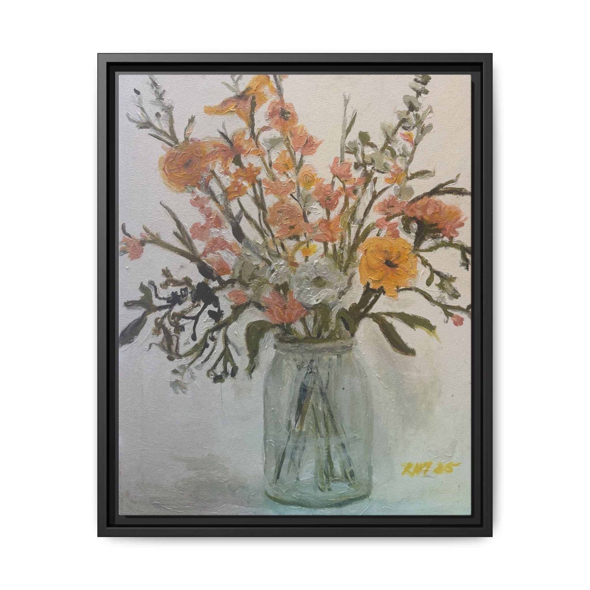 Framed Matte Canvas Art - Flower in Glass Jar Floral Painting Print of Original