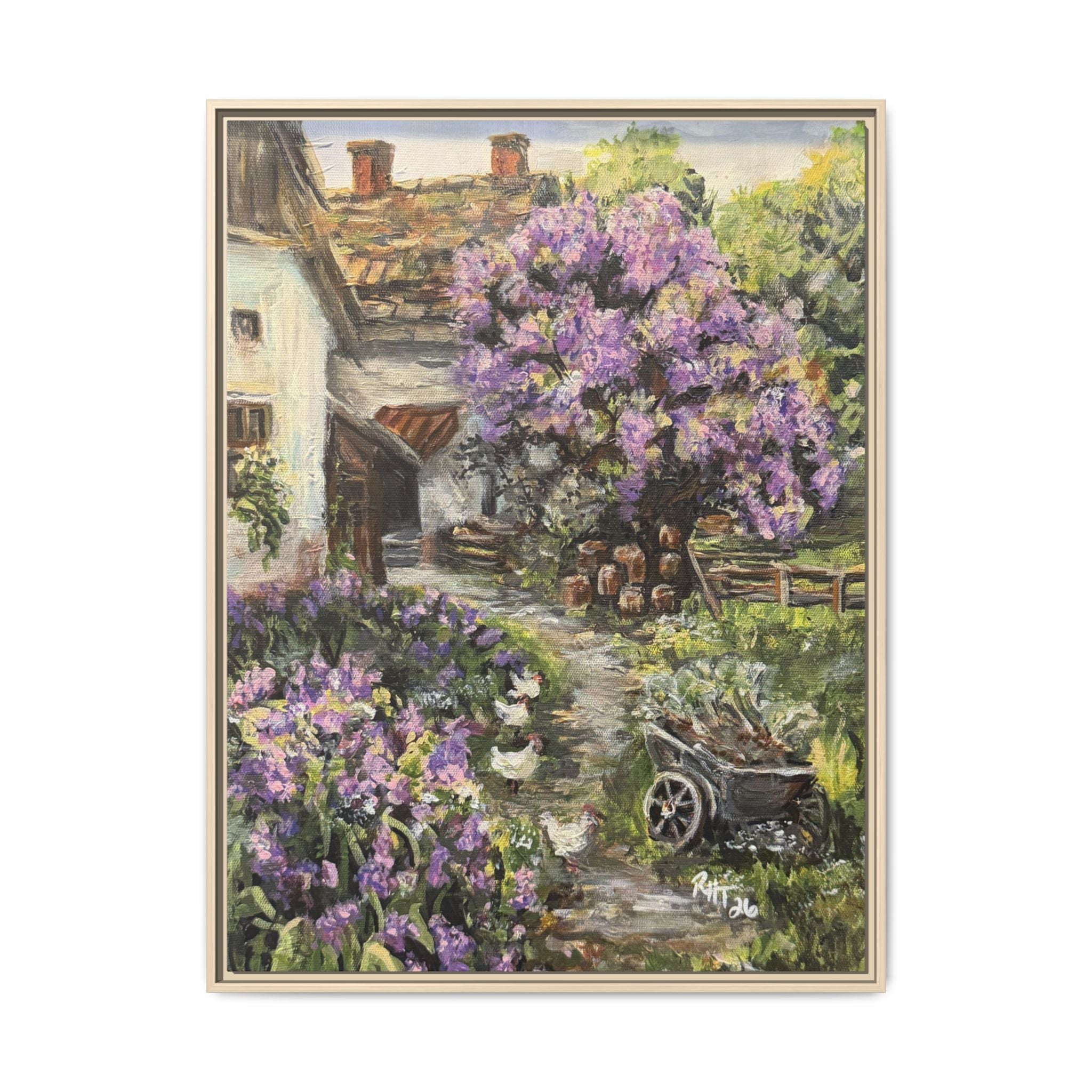 Framed Matte Canvas Print of Original Lavender Cottage— Cottage Garden with Purple Wisteria Wall Art