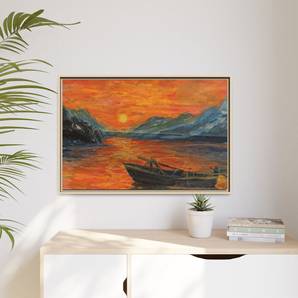 Boat on Sunset Lake Framed Canvas Print of Original — Orange Mountain Lake Wall Art