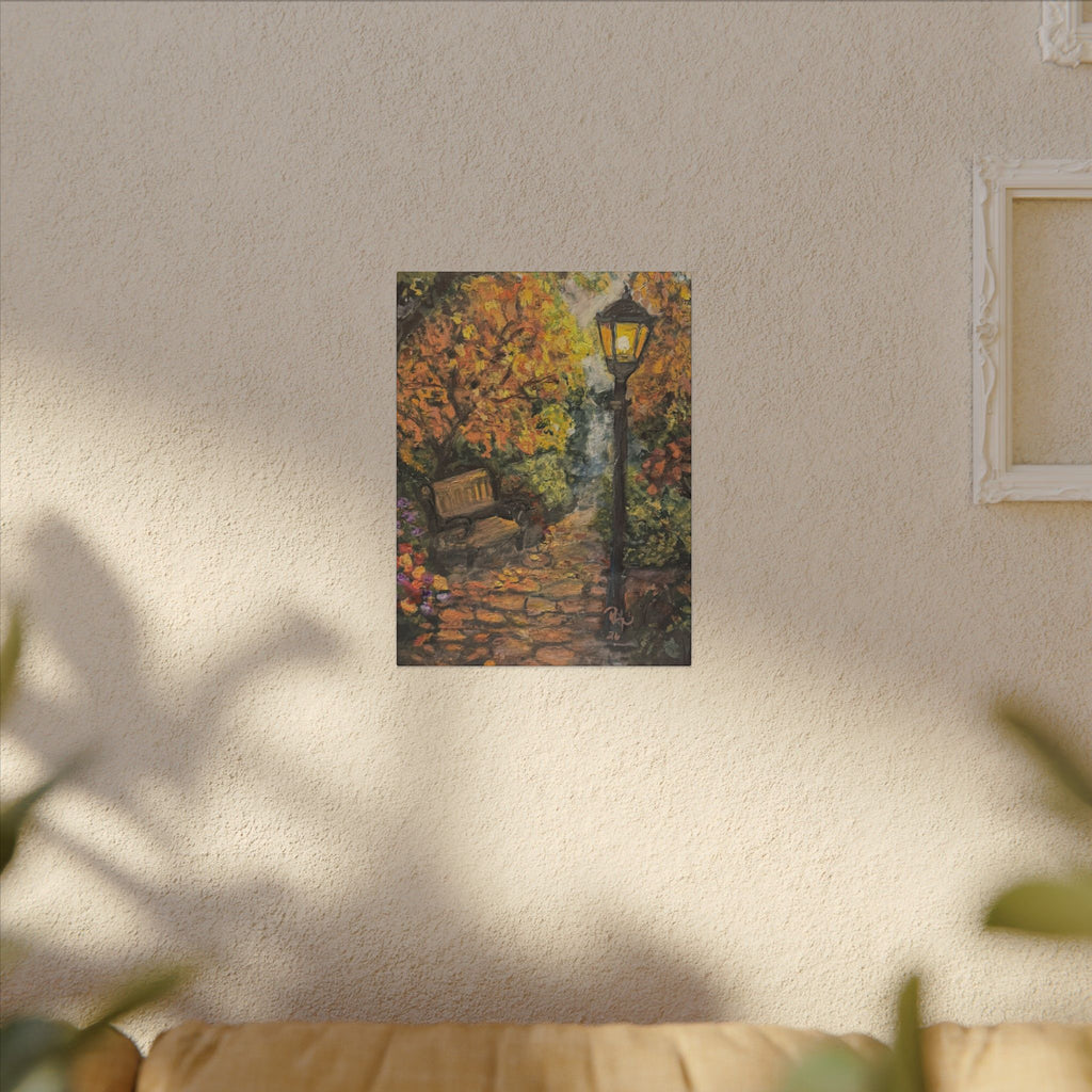 Autumn Evening in the Park Canvas Print of Original— Lantern & Bench Fall Wall Decor