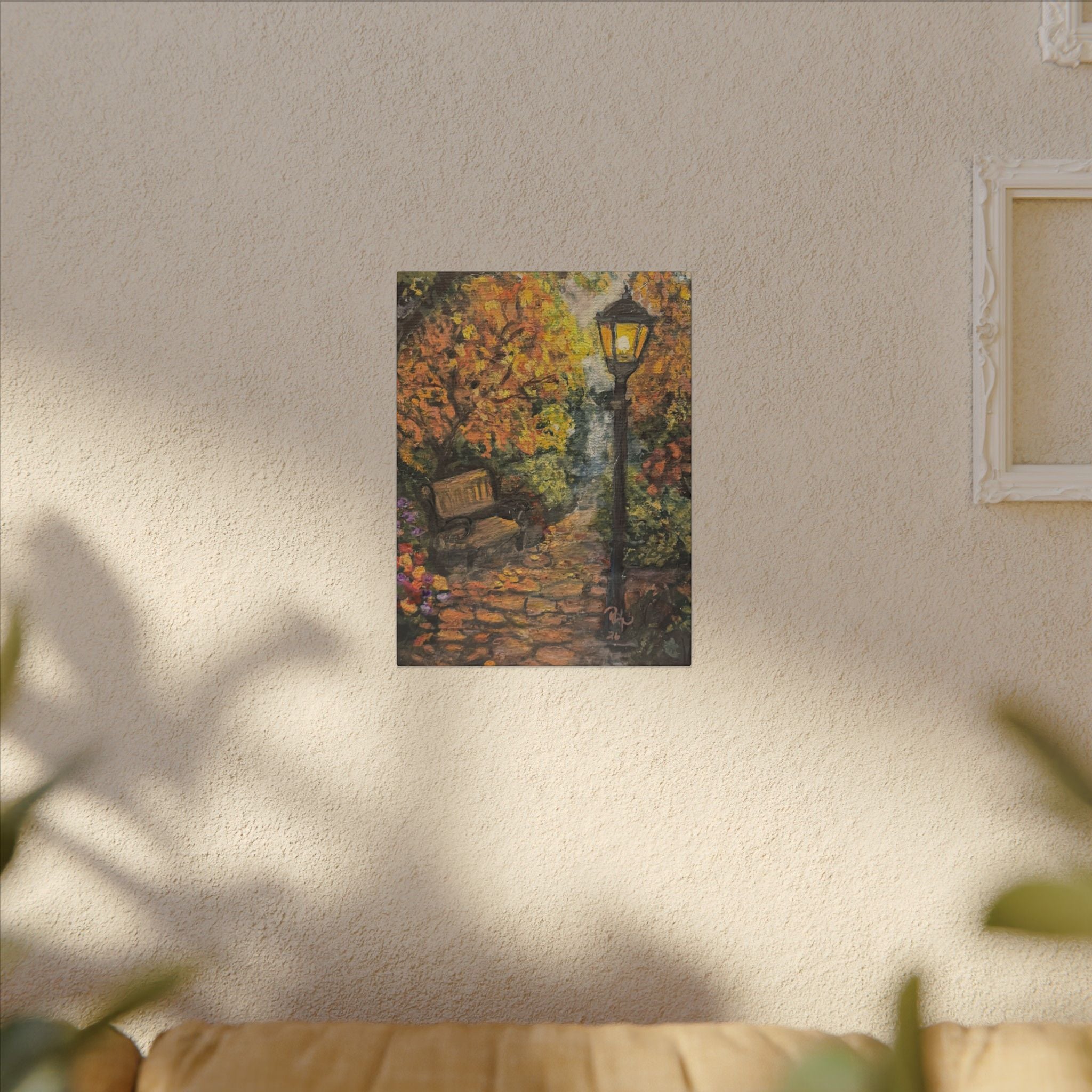 Autumn Evening in the Park Canvas Print of Original— Lantern & Bench Fall Wall Decor