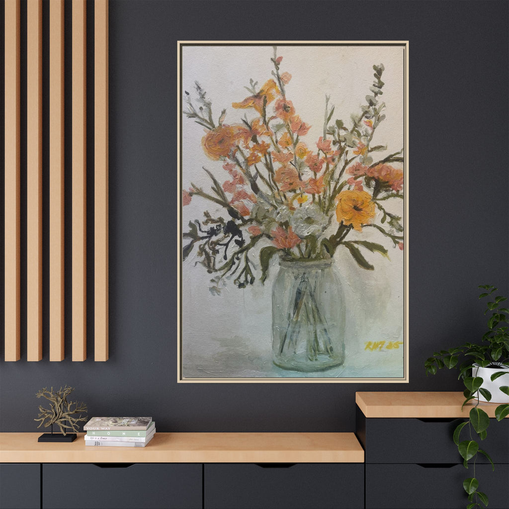 Framed Matte Canvas Art - Flower in Glass Jar Floral Painting Print of Original