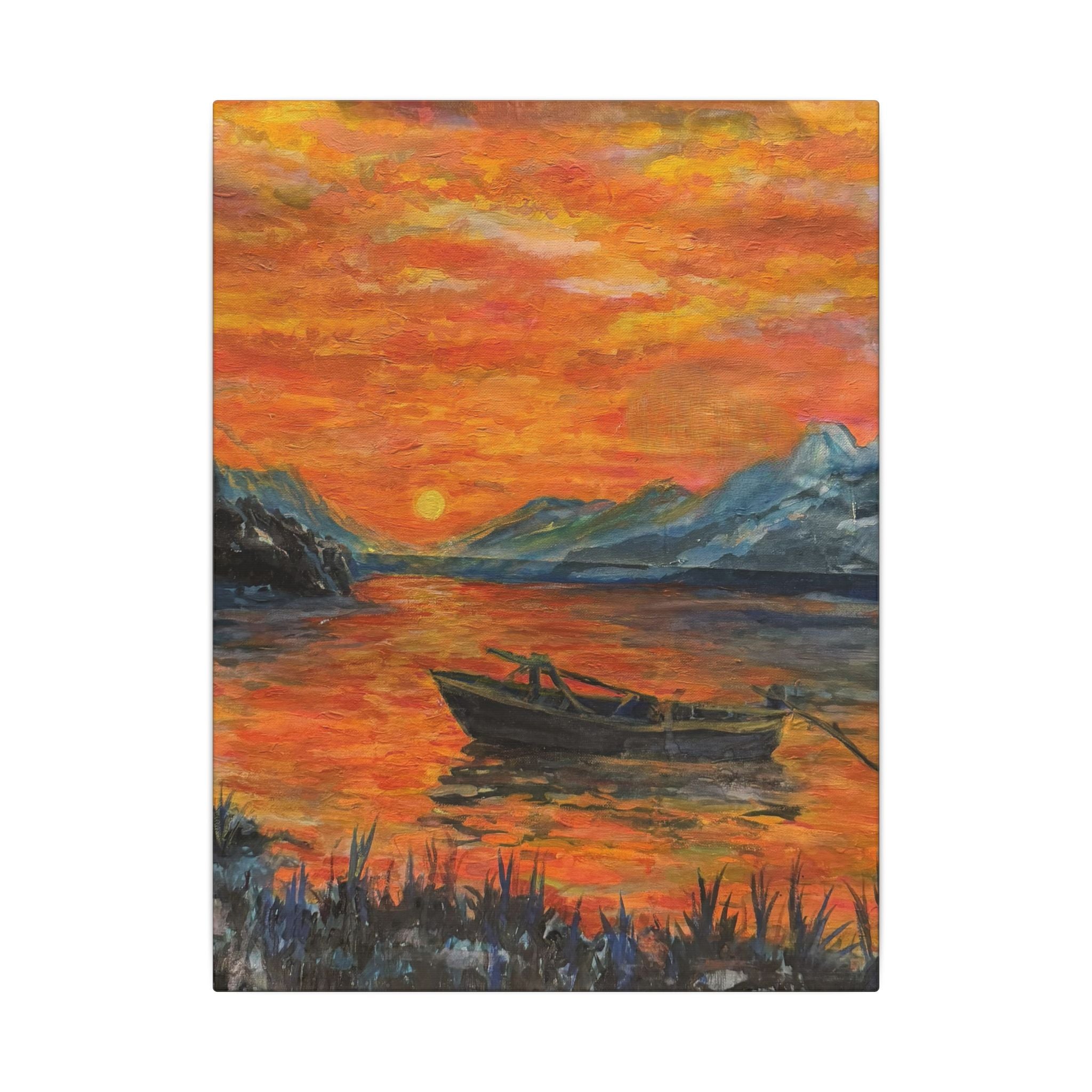 Boat on Sunset Lake Canvas Wall Art Print of Original— Orange Seascape Landscape Print