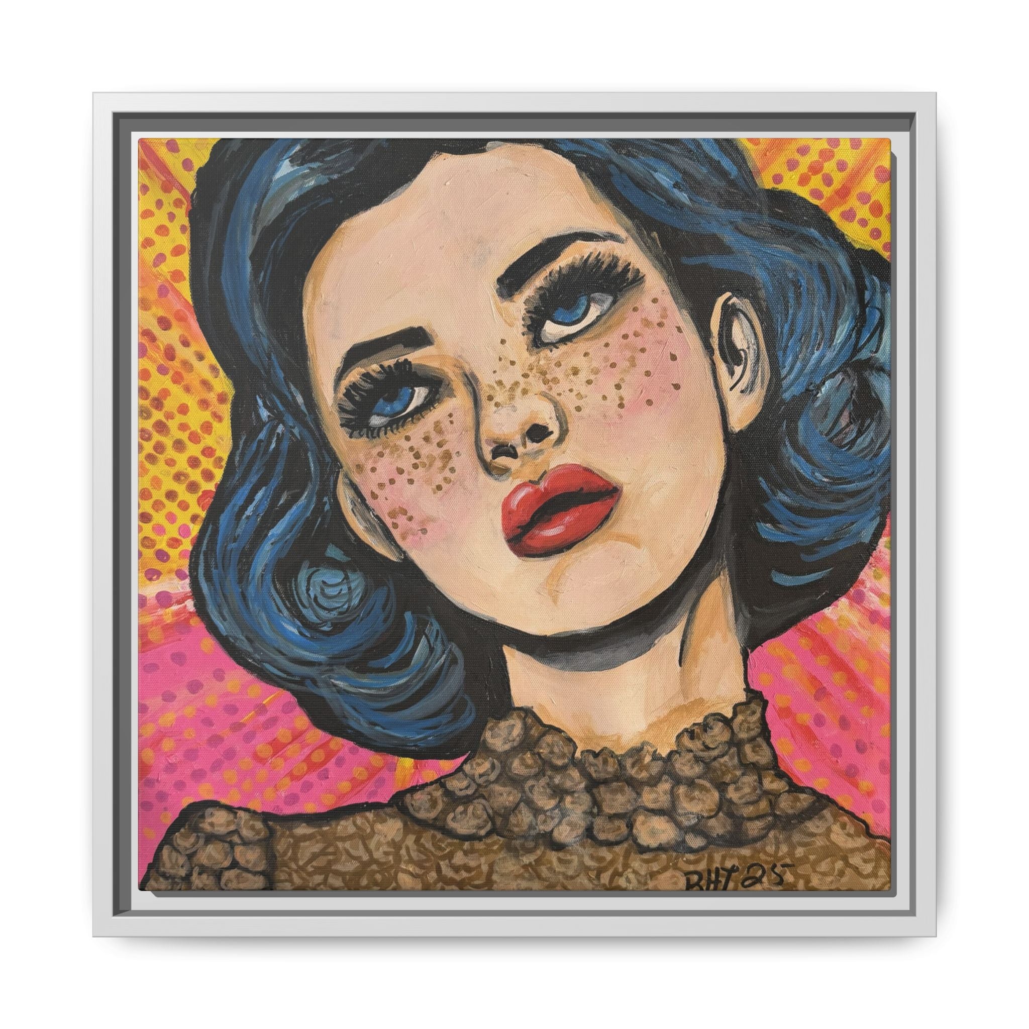Pop Art Portrait Matte Canvas Print of Original "OMG" (Framed) — Retro Blue-Haired Woman Wall Art