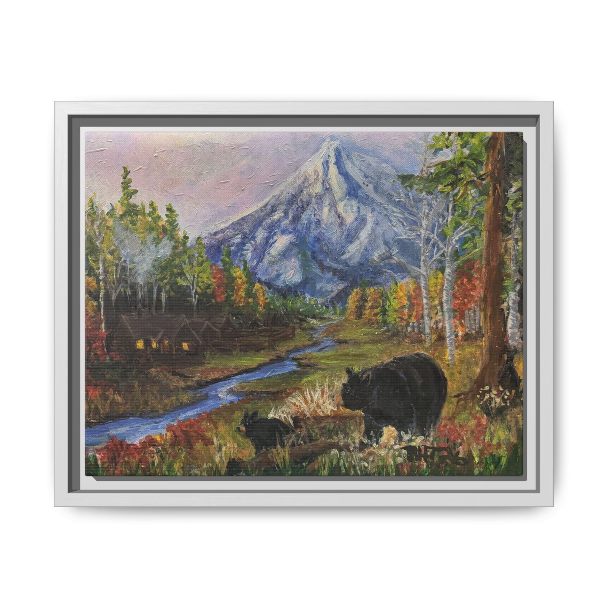 Framed Matte Canvas - Three Bear Stroll  - Mountain Stream with Bears Landscape Wall Art