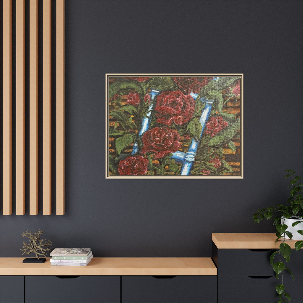 Framed Matte Canvas Art Print of Original Climbing Roses — Red Roses & Blue Ladder Floral Painting