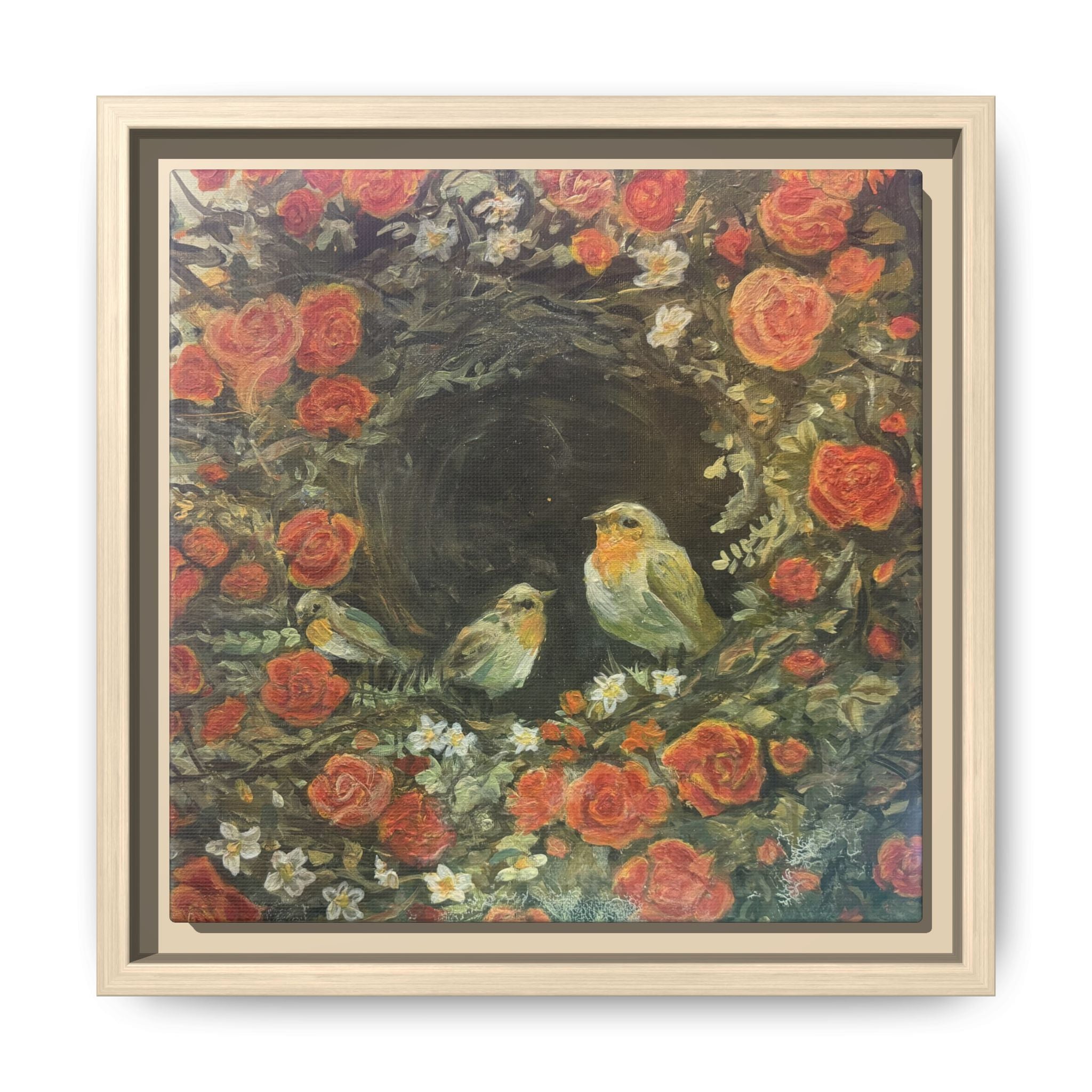 Framed Canvas Art - 'Nest of Roses' Botanical Bird Print